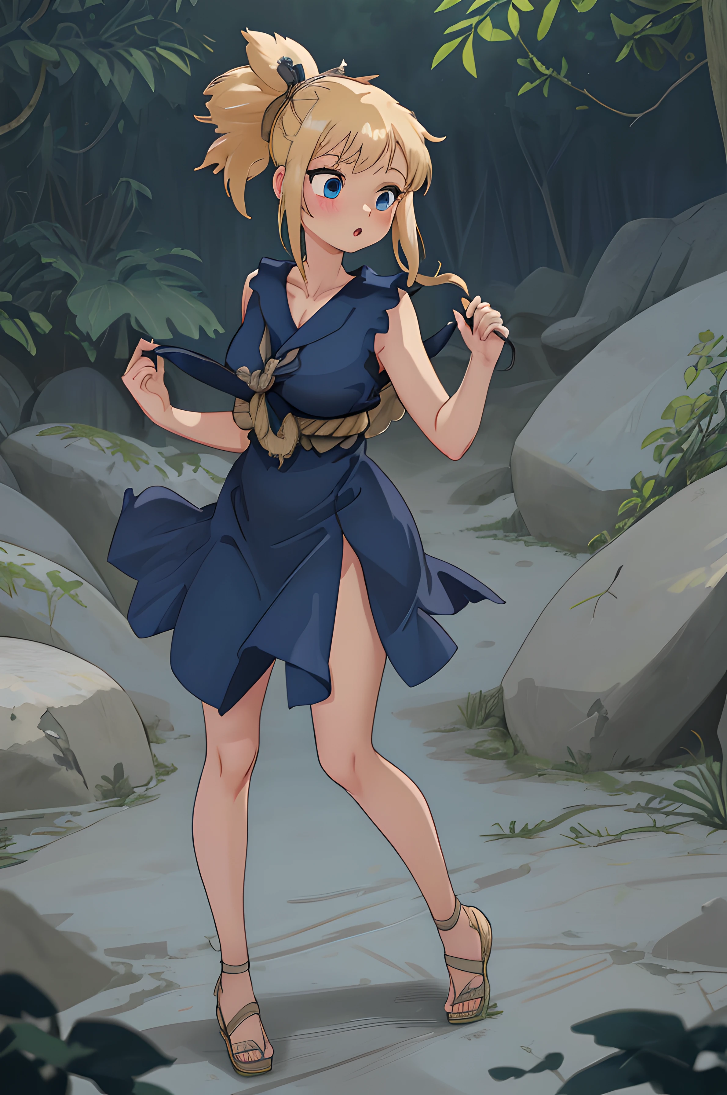 8k, raw camera, highres, detailed, masterpiece, portrait, photorealistic, hyperrealist, aesthetic, beautiful, best quality, highly detaile, best quality clothing, aesthetic clothings, professional angle, rule of thirds, Feminine, delicate, beautiful, 19 years, attractive Japanese, (solo), 1 girl, (Kohaku), (In Jungle), ((Full Body)), ((From Front) Shallow Depth of Field), Prehistoric World, ((Normal Mood)), (Medium Lenght Hair, Blonde Hair), (Pulled Back Hair, Pointed PonyTail Hair, Twin Locks on the Sides, Rope in Hair, Straight Hair), ((-)), (Blue Eyes, Open Eyes, Cheerful Gaze), (Blushed, Arms Down, Hands Down), ((Standing), Mouth Closed), -, -, (Average Bust), ((Navy Blue Short Dress, Rope Belt, Knot in Front)), (Semi-Ripped Dress, Sewn Dress, -), (SleeveLess, V-Neckline), beautiful body, beautiful eyes, shiny eyes, shiny hair, beautiful mouth, beautiful lips, beautiful skin, beautiful face