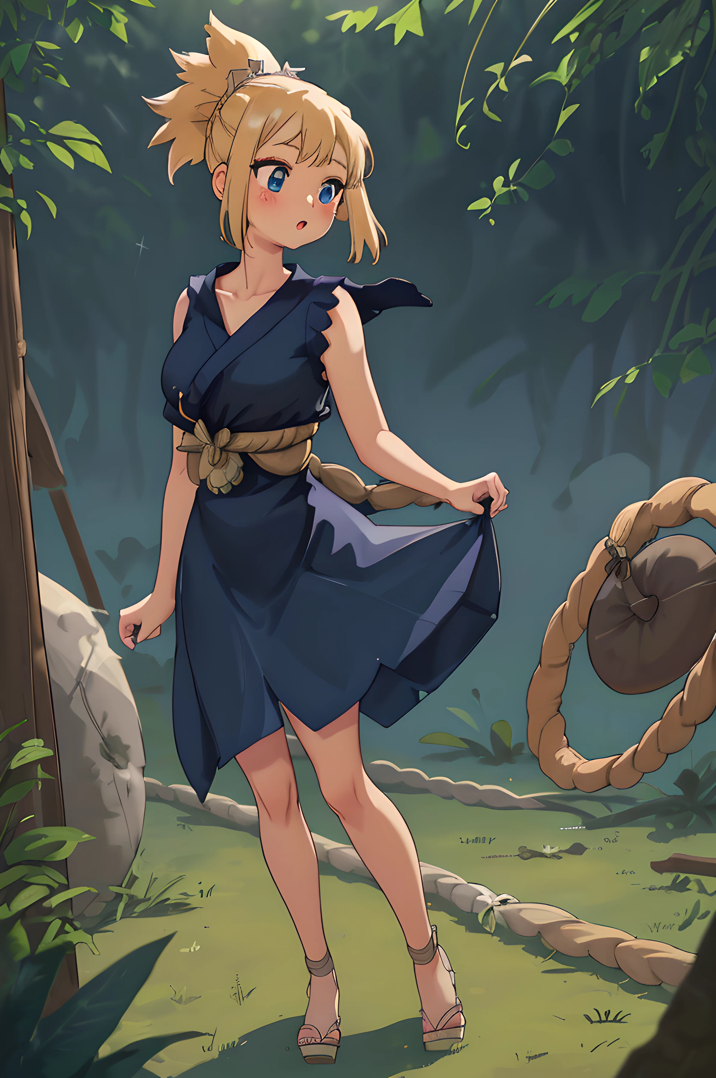8k, raw camera, highres, detailed, masterpiece, portrait, photorealistic, hyperrealist, aesthetic, beautiful, best quality, highly detaile, best quality clothing, aesthetic clothings, professional angle, rule of thirds, Feminine, delicate, beautiful, 19 years, attractive Japanese, (solo), 1 girl, (Kohaku), (In Jungle), ((Full Body)), ((From Front) Shallow Depth of Field), Prehistoric World, ((Normal Mood)), (Medium Lenght Hair, Blonde Hair), (Pulled Back Hair, Pointed PonyTail Hair, Twin Locks on the Sides, Rope in Hair, Straight Hair), ((-)), (Blue Eyes, Open Eyes, Cheerful Gaze), (Blushed, Arms Down, Hands Down), ((Standing), Mouth Closed), -, -, (Average Bust), ((Navy Blue Short Dress, Rope Belt, Knot in Front)), (Semi-Ripped Dress, Sewn Dress, -), (SleeveLess, V-Neckline), beautiful body, beautiful eyes, shiny eyes, shiny hair, beautiful mouth, beautiful lips, beautiful skin, beautiful face