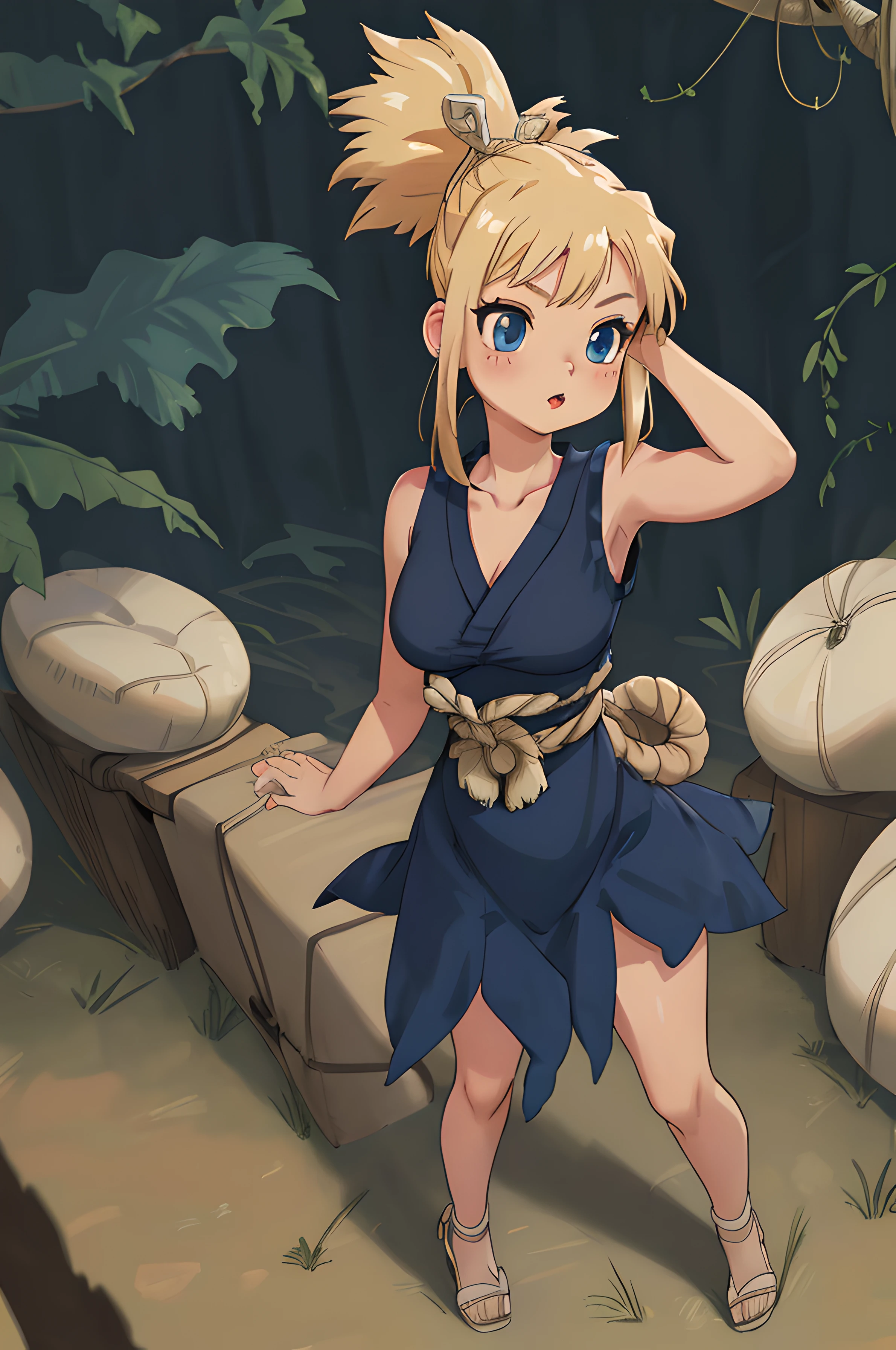 8k, raw camera, highres, detailed, masterpiece, portrait, photorealistic, hyperrealist, aesthetic, beautiful, best quality, highly detaile, best quality clothing, aesthetic clothings, professional angle, rule of thirds, Feminine, delicate, beautiful, 19 years, attractive Japanese, (solo), 1 girl, (Kohaku), (In Jungle), ((Full Body)), ((From Front) Shallow Depth of Field), Prehistoric World, ((Normal Mood)), (Medium Lenght Hair, Blonde Hair), (Pulled Back Hair, Pointed PonyTail Hair, Twin Locks on the Sides, Rope in Hair, Straight Hair), ((-)), (Blue Eyes, Open Eyes, Cheerful Gaze), (Blushed, Arms Down, Hands Down), ((Standing), Mouth Closed), -, -, (Average Bust), ((Navy Blue Short Dress, Rope Belt, Knot in Front)), (Semi-Ripped Dress, Sewn Dress, -), (SleeveLess, V-Neckline), beautiful body, beautiful eyes, shiny eyes, shiny hair, beautiful mouth, beautiful lips, beautiful skin, beautiful face