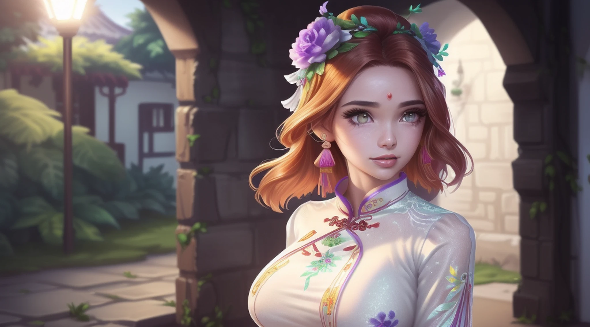 fotografia de melhor qualidade,Foto colorida RAW de alto detalhe, tiro completo, frontal angle,foto deslumbrante, analogue style, foto hiper real de um (Mulher malaia:1.4), (:1.5), Usando (vestido roxo da porcelana (Cheongsam/Qipao):1.35 design por (A Companhia Hairoine):1.3), coberto , (amber eyes:1.2), olhos brilhantes, (Lowercase figure), (red hair, cabelos longos, cabelos ondulados, Quad Tails Cabelo:1.25), (tiny boobs:1.3), (asymmetrical breasts:1.2), (In the background (Cidade Antiga de Nessebar:1.25)), (fotografado em uma Canon EOS 90D DSLR Camera por Richard Hamilton fotografado:1.2), (rosto perfeito, olhar sedutor, pele detalhada, diffused skin pores, dentadura da pele, (clivagem:0.8), sombras fortes, sombras perfeitas, ultra realistic lips, nariz ultra realista, rosto perfeito, olhos realistas, olhos ultra detalhados, Face Ultra Detalhada, rosto sombreado, Poros, pele real, em linha reta), (altamente detalhado, detalhes finos, intrincado), ray tracing, profundidade de campo rasa, foco duro, liso, cinematic movie still,(detalhes intrincados, hiperdetalhado:1.2),(mal iluminado, discreto, Rim lighting:1.4), Olhando para o Viewer, Looking at camera, 8k UHD, DSLR, alta qualidade, filmic grain