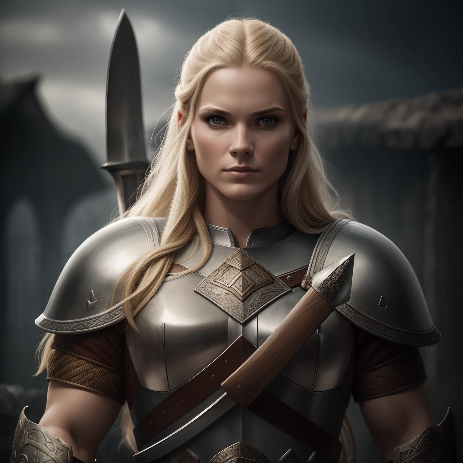 fotografia de uma guerreira viking muito linda com sujeira em seu rosto, corpo lindo, heroica, pronounced cheekbones, nublado, obra-prima, melhor qualidade, alta qualidade, 4K, trending, hard ring light, 50mm