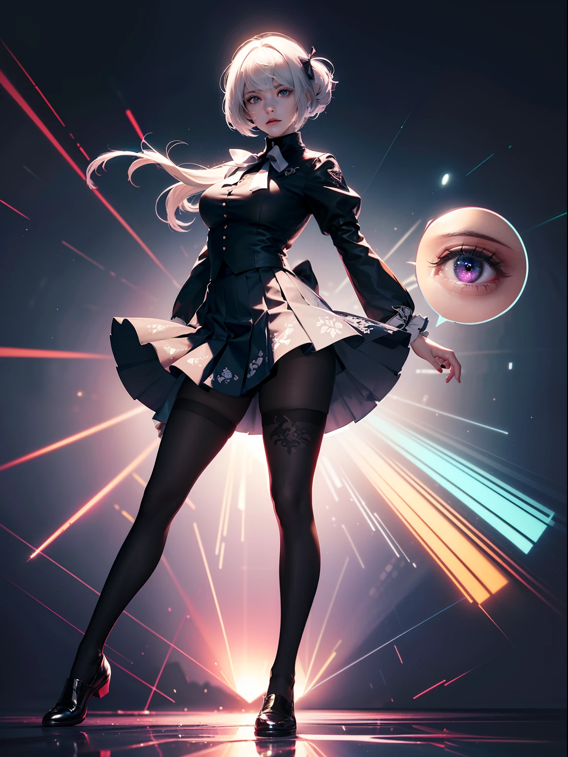 (full body:1.5)，(1girl:1.3),(looking at viewer:1.4)，(anatomy correct:1.3)，(In the paradise of the day:1.3),(Wearing YoRHa No. 2 Type B suit JK uniform printed Ultra short pleated skirt and JK uniform leather shoes with bow decoration ，and Very thick Printed Pantyhose  :1.35), (Light particle effect:1.3),(In pink | amarelo | blue colors| green color |red colors | white colors| black in color| purpleish color| greys| Beige| Flesh color 1.4)，(Glowing eyes:1.3),(Large amplitude action: 1.3)，(Accurate and perfect face:1.4),(Clothing Gloss:1.25),(Skin reflection:1.25),hyper HD, Ray traching, reflective light，structurally correct, Award-Awarded, high detal, lightand shade contrast, Face lighting，cinmatic lighting, tmasterpiece, super detailing, high high quality, high detal, best qualityer, 16k，high contrast,
