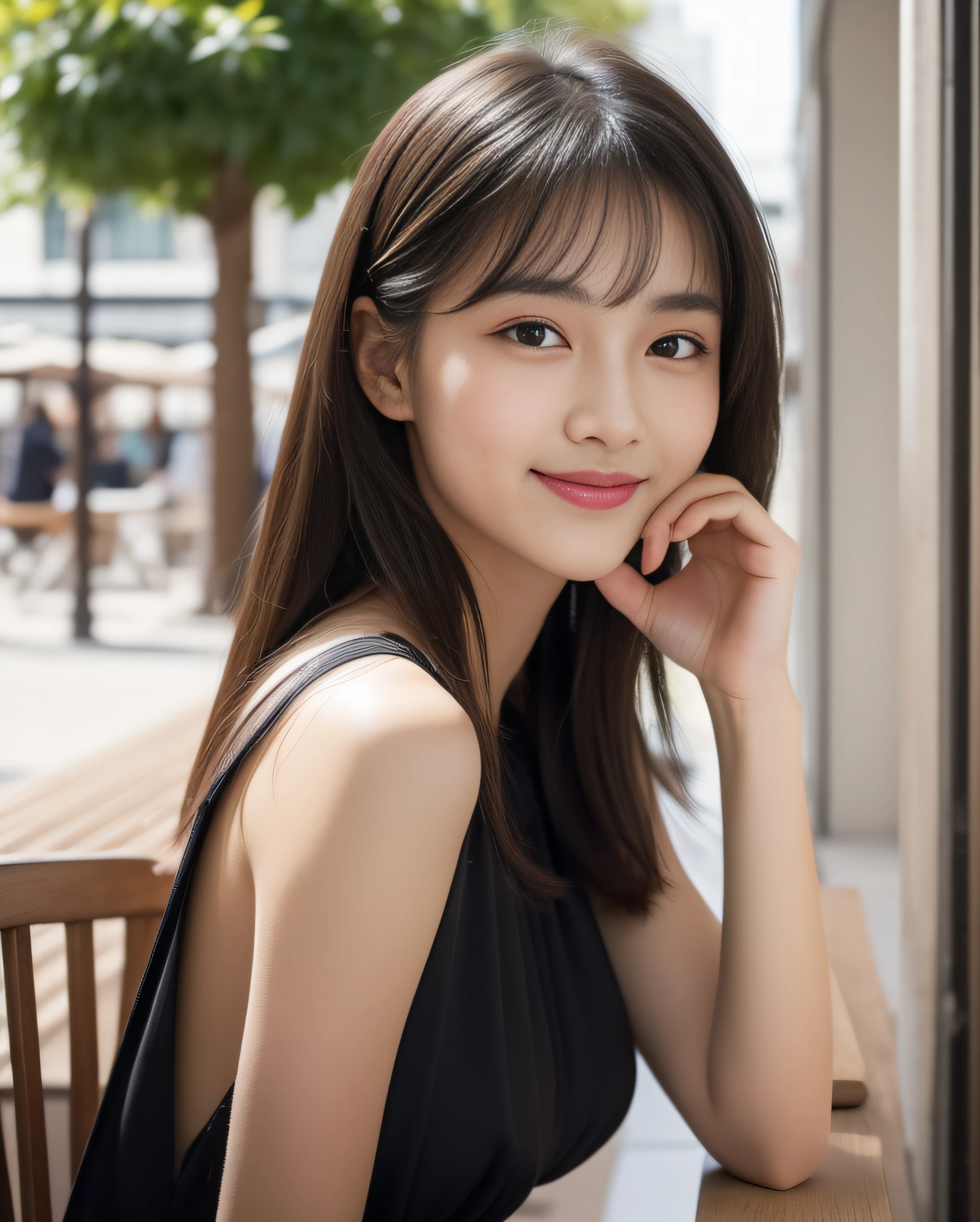 ((best quality, 8K, masterpiece: 1.3)), beautiful girl, pure, melon face, kind and cute, sweet smile, pure desire, slender body, ((looking at camera)), (tilt head), rear view View, dark gray short dress, long black silky straight hair, long flowing shoulders, round black big eyes, clear big eyes, moist red lips, sweet, sitting on a chair on a cafe terrace, cafe background, ((whole body)),