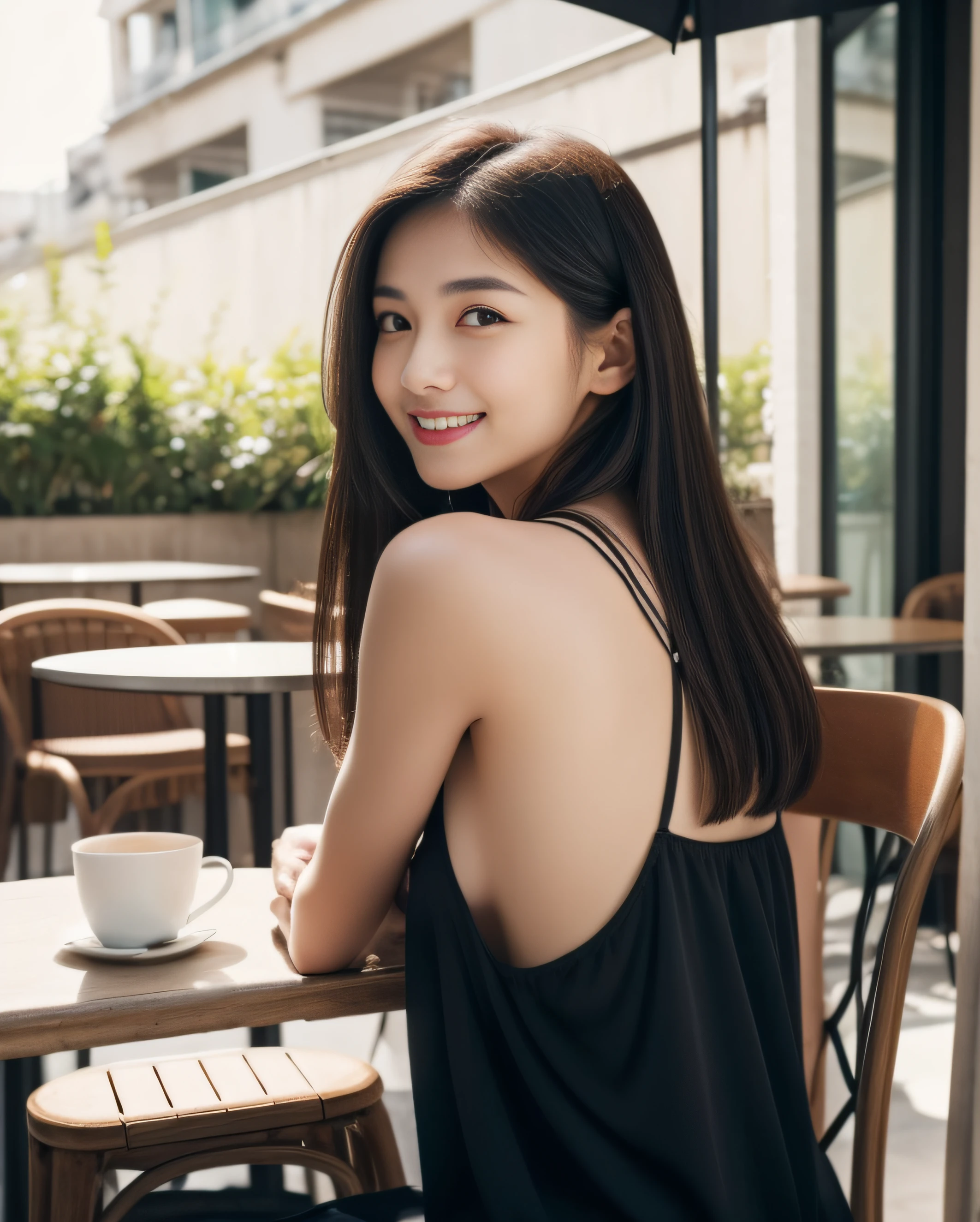 ((best quality, 8K, masterpiece: 1.3)), beautiful girl, pure, melon face, kind and cute, sweet smile, pure desire, slender body, ((looking at camera)), (tilt head), rear view View, dark gray short dress, long black silky straight hair, long flowing shoulders, round black big eyes, clear big eyes, moist red lips, sweet, sitting on a chair on a cafe terrace, cafe background, ((whole body)),