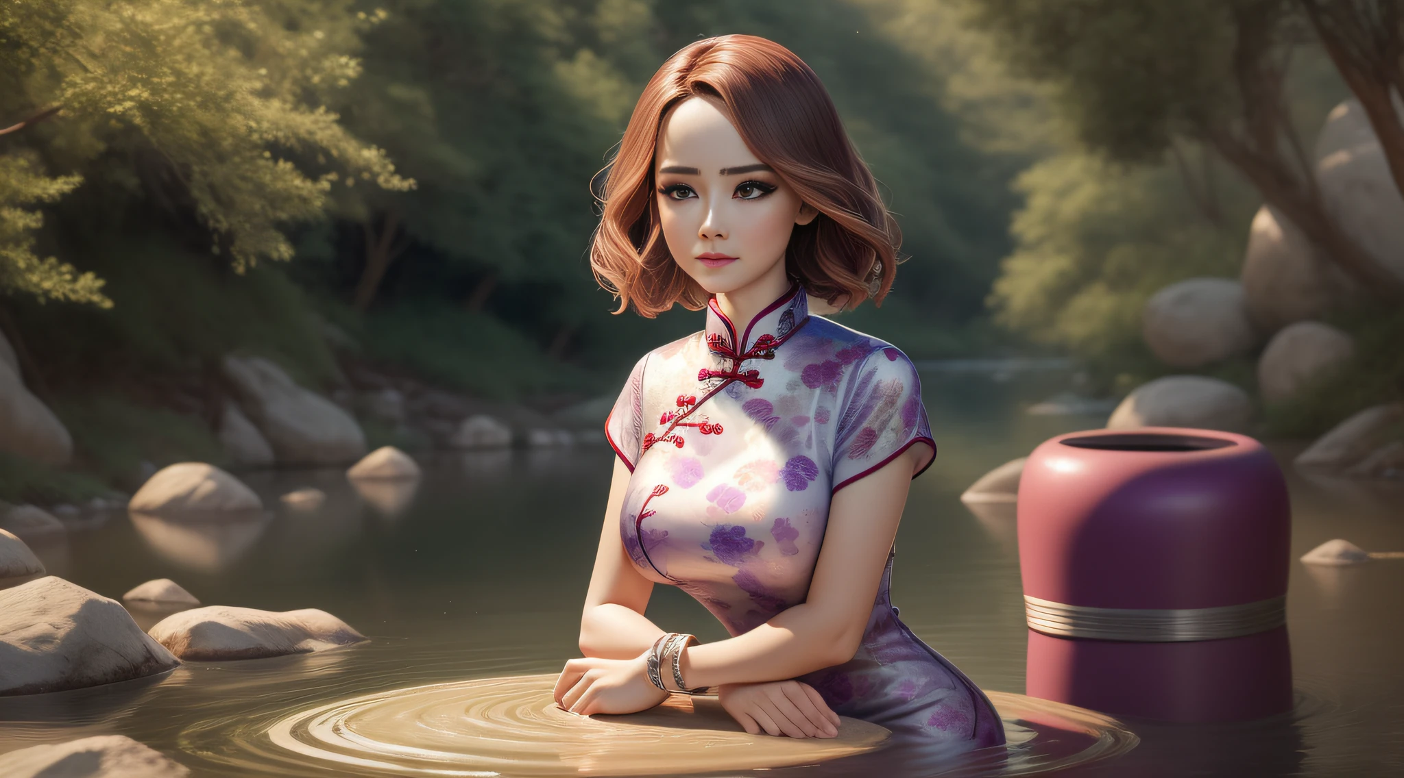 uma mulher, Usando (vestido de porcelana roxo (Cheongsam/Qipao):1.35 design por (A Companhia Hairoine):1.3), coberto , cara bonita, corpo inteiro, sorrir, boca fechada, ornamento de cabelo, com um colar, jewelries , cabelos longos, Brincos, fotorrealista, alta qualidade, fotografia, high resolution, 8k, (extremamente detalhado), intrincado, 8k, foco nítido. em uma paisagem, water, (extremamente detalhado CG unidade 8k papel de parede), A obra de arte mais bonita do mundo, professional majestic oil painting, intrincado, High detail, foco nítido, dramatic and photorealistic painting art.