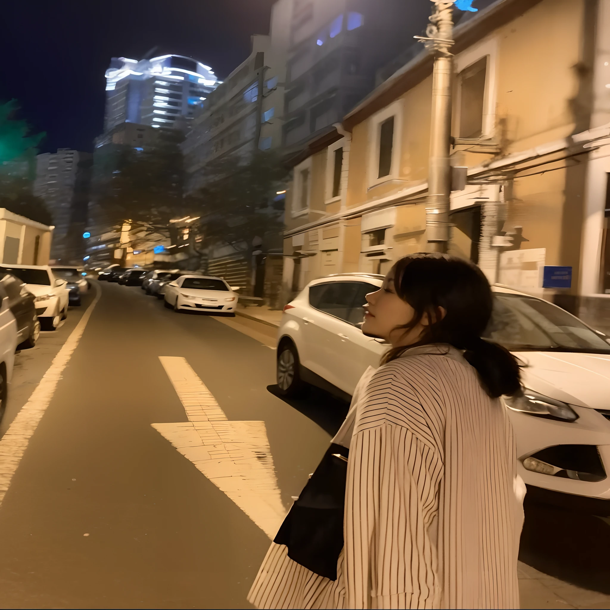 Night on the city streets,A young woman wanders alone,which stands on the street,The lights of the street reflected on the Gothic buildings behind her,It creates a moody night view of the city。