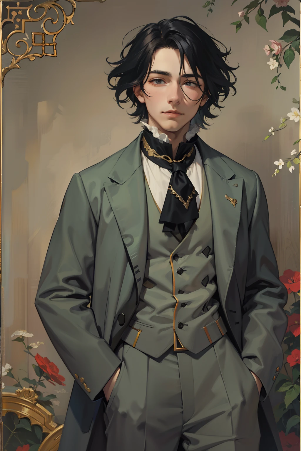 Portrait of a woman in her 20s、Beautiful man dressed as a man、neuter、is standing、Shoulder-length black hair、Gray suit、End of 19th century、Ilya Repin