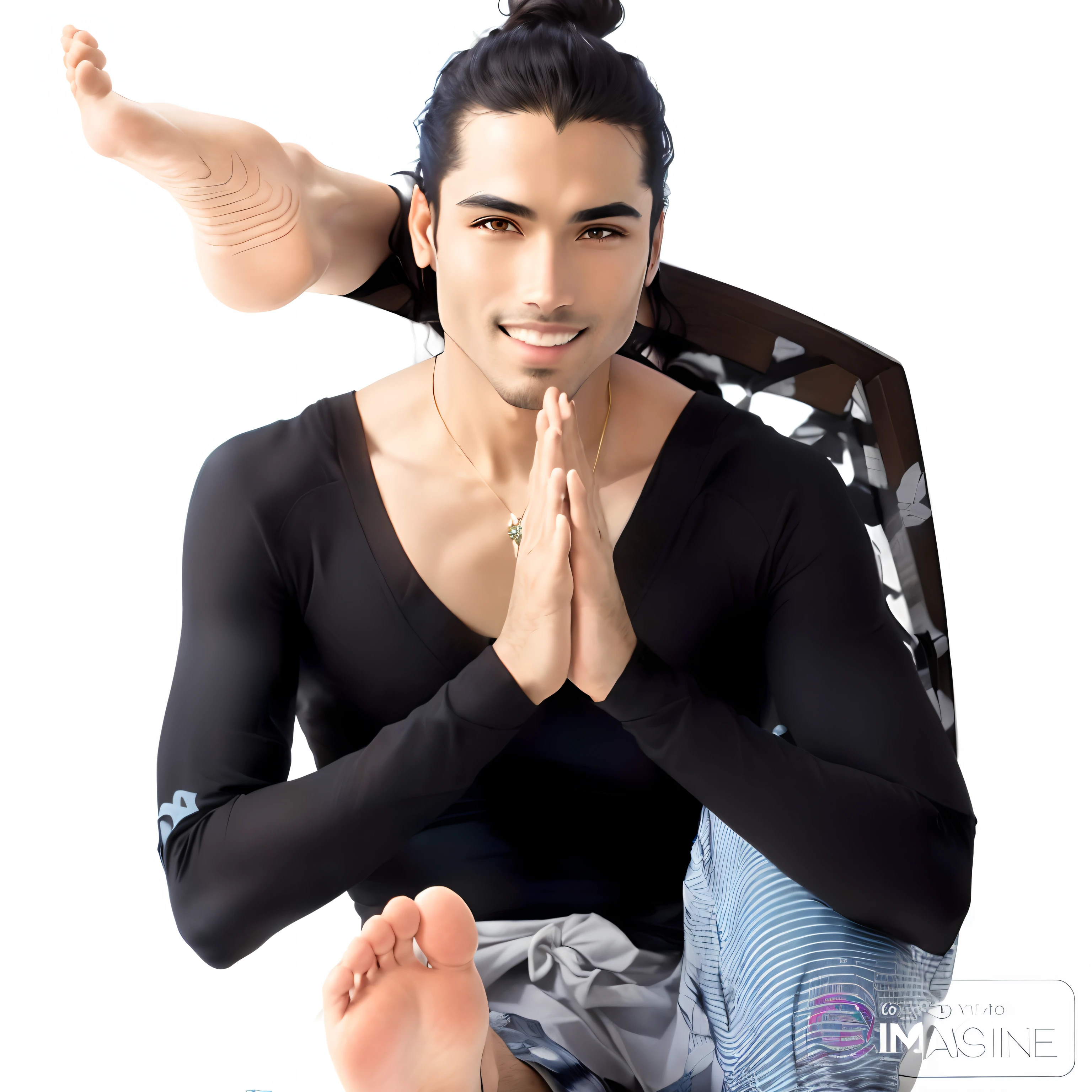 there is a man sitting in a chair with his feet up, playful pose of a dancer, floating dramatic magic pose, fazendo uma pose majestosa, Padmasana, inspirado em Kailash Chandra Meher, Pose masculina, muito legal a pose, pose de ioga, fazendo uma pose majestosa quente, very artistic pose, fotografia editorial, full body action pose, Mohamed Chahin