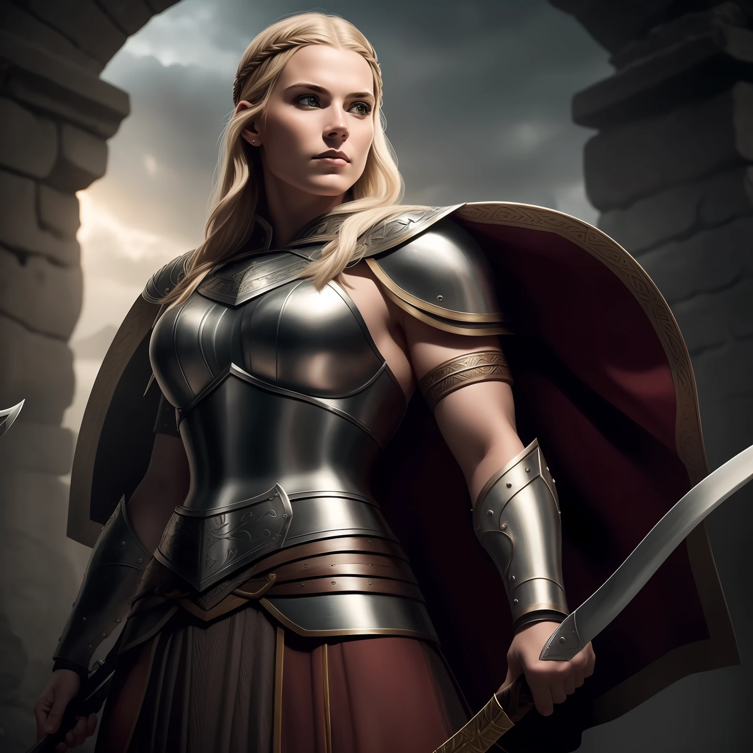 fotografia de uma guerreira viking  muito linda com sujeira em seu rosto, corpo lindo, heroica, pronounced cheekbones, nublado, obra-prima, melhor qualidade, alta qualidade, 4K, trending, hard ring light, 50mm