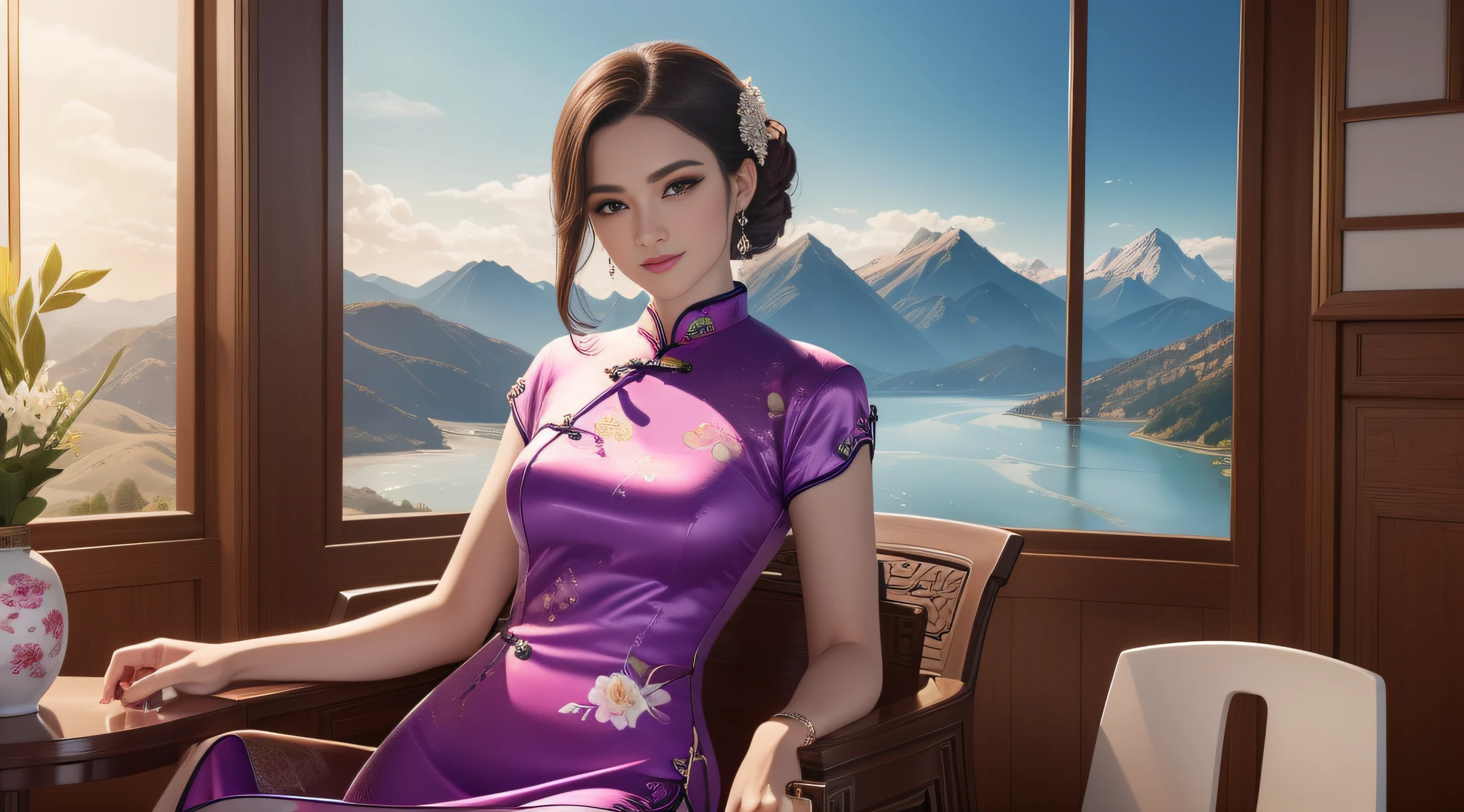 uma mulher, Usando (vestido de porcelana roxo (Cheongsam/Qipao):1.35 design por (A Companhia Hairoine):1.3), coberto , cara bonita, corpo inteiro, sorrir, boca fechada, ornamento de cabelo, com um colar, jewelries , cabelos longos, Brincos, fotorrealista, alta qualidade, fotografia, high resolution, 8k, (extremamente detalhado), intrincado, 8k, foco nítido. em uma paisagem, water, (extremamente detalhado CG unidade 8k papel de parede), A obra de arte mais bonita do mundo, professional majestic oil painting, intrincado, High detail, foco nítido, dramatic and photorealistic painting art.