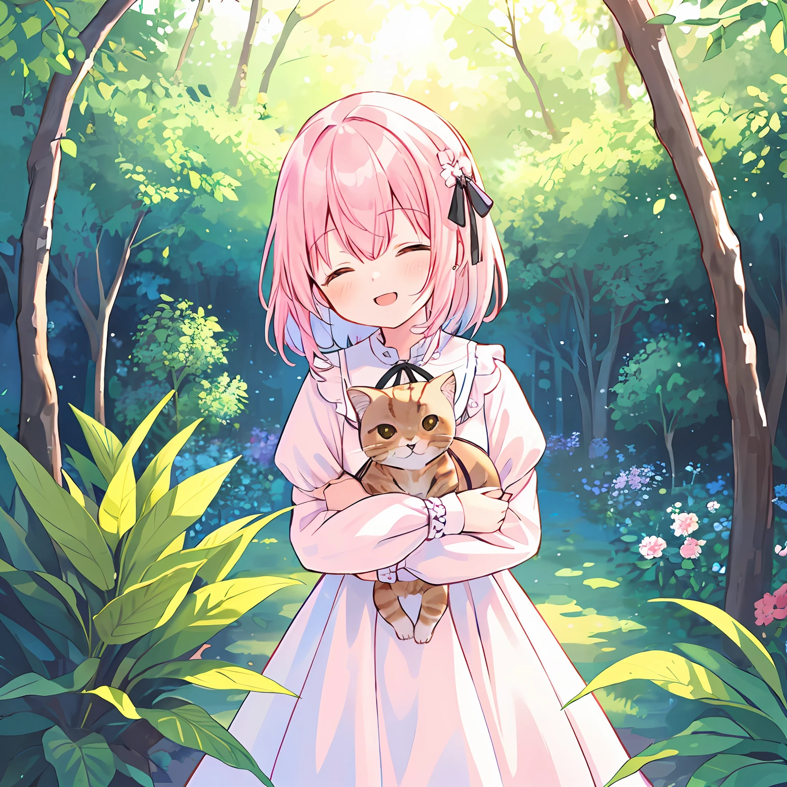 1 girl, solo, best quality, ultra detailed, minor, (happy:1.4), closed eyes,
pink hair, medium hair, looking away,
from front, from below, portrait, hugging the brown kitten, \(kitten has its mouth closed\),
white dress, blue ribbon, long sleeves, standing,
in the forest, flower garden, warm sunlight filtering through trees