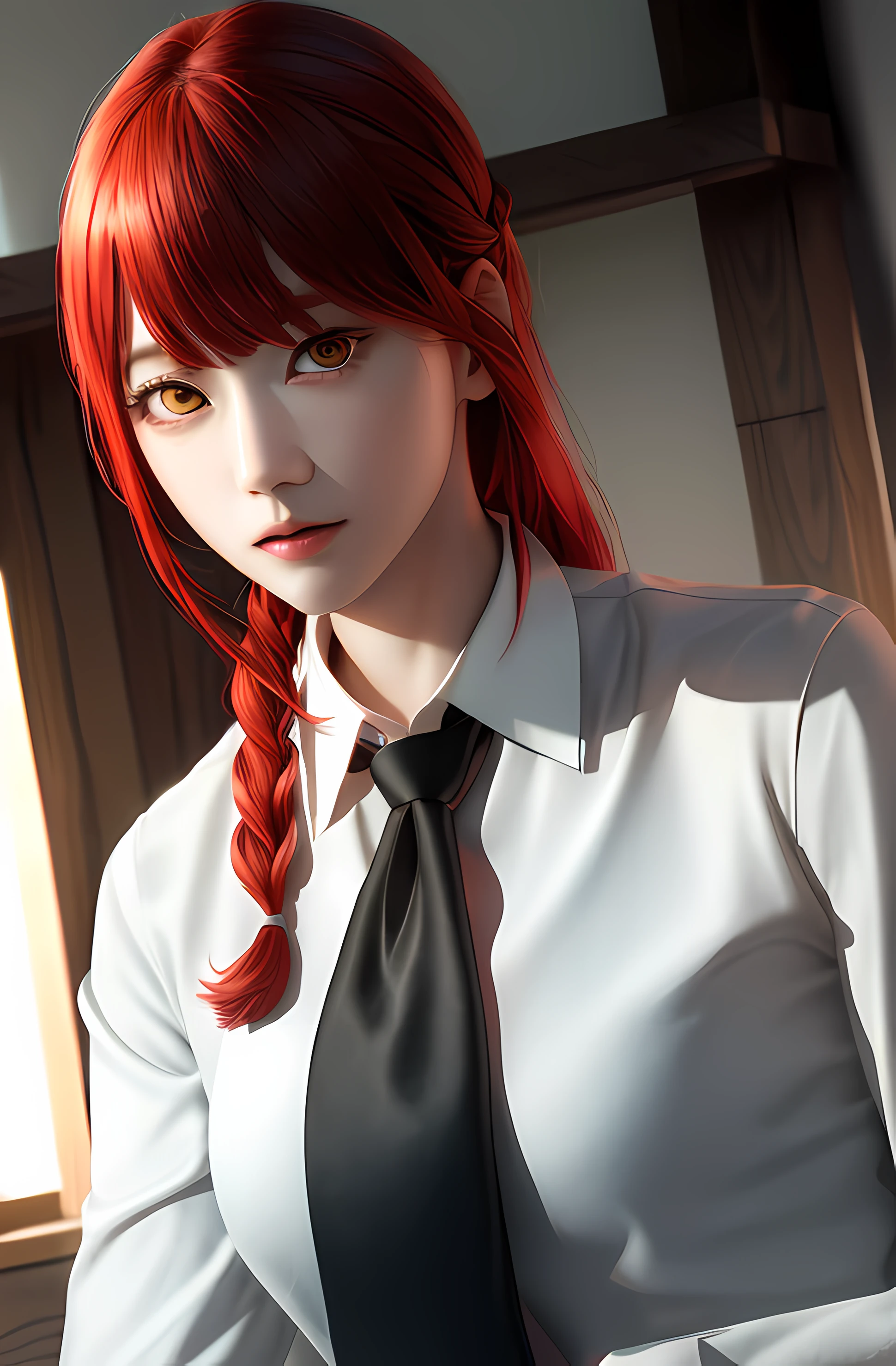 masterpiece, (photorealistic:1.4), best quality, beautiful lighting,
(ulzzang-6500:0.5), makima \(chainsaw man\), (red hair)+(long braided hair)+(bangs), yellow eyes, golden eyes, ((ringed eyes)), (white shirt), (necktie),
RAW photo, 8k uhd, film grain