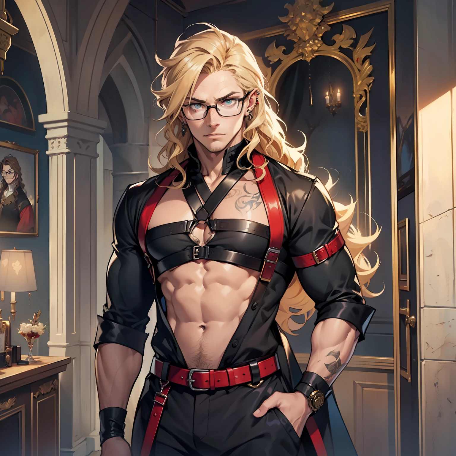 Handsome vampire male. Ash blonde hair. Long curly hair. Royal attire. Chest harness. Freckles. Piercings. Hazel green eyes. Arrogant expression. Bara. Thick framed glasses. Curly hair. 9 ft tall