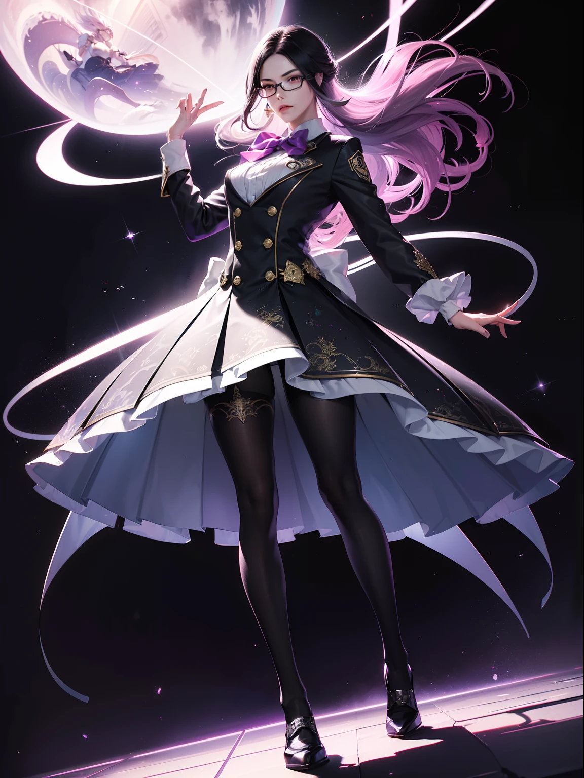(full body:1.5)，(1girl:1.3),(looking at viewer:1.4)，(??????? correct:1.3)，(In the paradise of the day:1.3),(Wearing Bayonetta suit JK uniform printed Ultra short pleated skirt and JK uniform leather shoes with bow decoration ，and Very thick Printed Pantyhose  :1.35), (Light particle effect:1.3),(In pink | amarelo | blue colors| green color |red colors | white colors| black in color| purpleish color| greys| Beige| Flesh color 1.4)，(Glowing eyes:1.3),(Large amplitude action: 1.3)，(Accurate and perfect face:1.4),(Clothing Gloss:1.25),(Skin reflection:1.25),hyper HD, Ray traching, reflective light，structurally correct, Award-Awarded, high detal, lightand shade contrast, Face lighting，cinmatic lighting, tmasterpiece, super detailing, high high quality, high detal, best qualityer, 16k，high contrast,