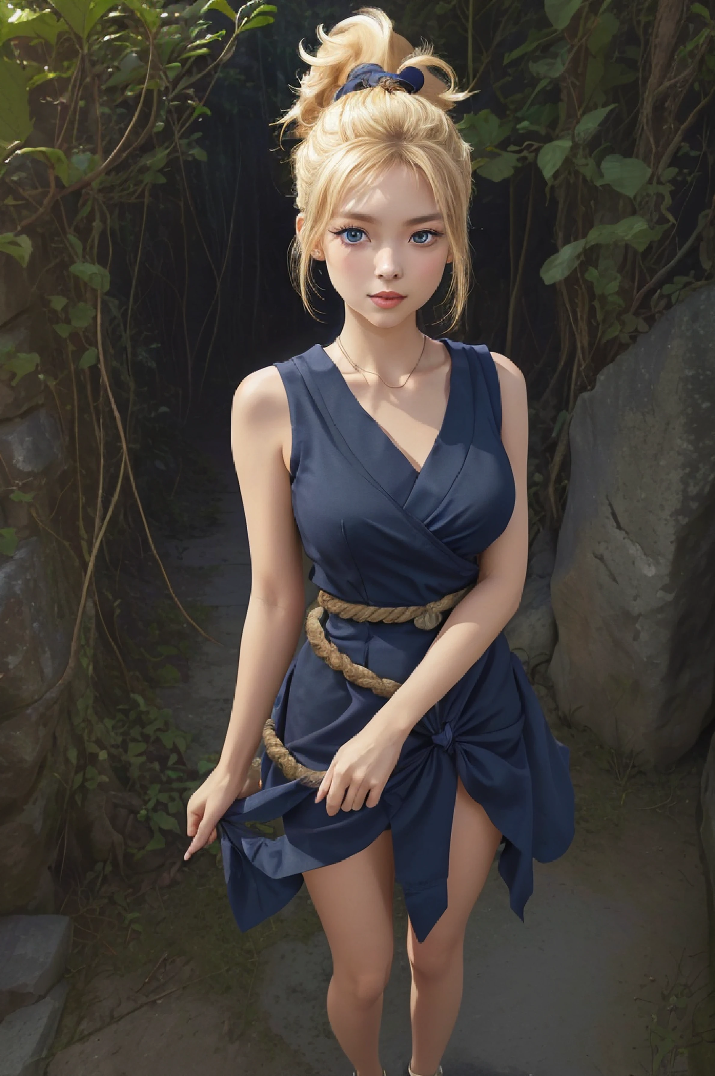 8k, raw camera, highres, detailed, masterpiece, portrait, photorealistic, hyperrealist, aesthetic, beautiful, best quality, highly detaile, best quality clothing, aesthetic clothings, professional angle, rule of thirds, Feminine, delicate, beautiful, 19 years, attractive Japanese, (solo), 1 girl, (Kohaku), (In Jungle), ((Full Body)), ((From Front) Shallow Depth of Field), Prehistoric World, ((Normal Mood)), (Medium Lenght Hair, Blonde Hair), (Pulled Back Hair, Pointed PonyTail Hair, Twin Locks on the Sides, Rope in Hair, Straight Hair), ((-)), (Blue Eyes, Open Eyes, Cheerful Gaze), (Blushed, Arms Down, Hands Down), ((Standing), Mouth Closed), -, -, (Average Bust), ((Navy Blue Short Dress, Rope Belt, Knot in Front)), (Semi-Ripped Dress, Sewn Dress, -), (SleeveLess, V-Neckline), beautiful body, beautiful eyes, shiny eyes, shiny hair, beautiful mouth, beautiful lips, beautiful skin, beautiful face