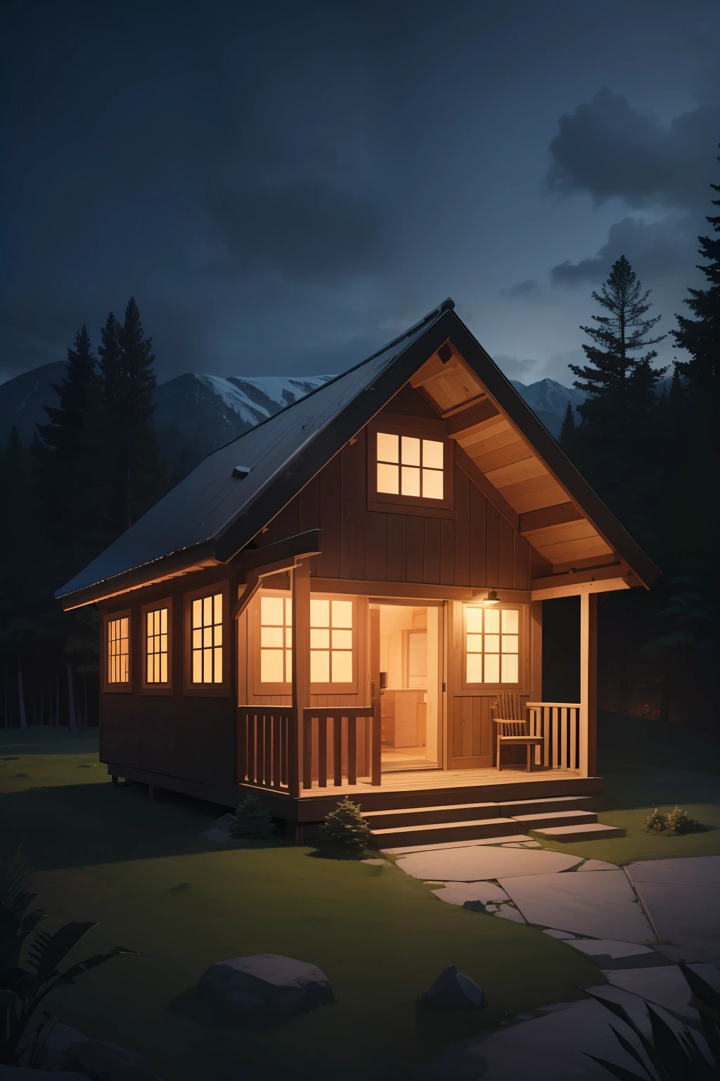 an architectural drawing of a 400 sq ft tiny house in a forest, 2 sloped roof, big wrapped around porch with table and chairs, on the background are Alpian mountains and valleys, very dark sky, 4k, dramatic light, high details, place cabin in the center, do not repeat pictures