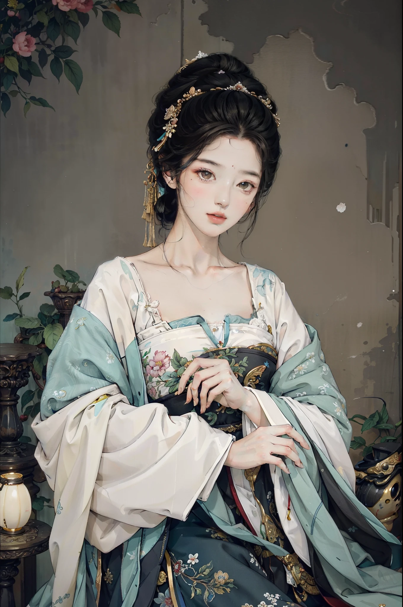 （tmasterpiece，Best quality at best，Beautiful quality，Photorealsitic，looking at viewert，Detailed lighting，Extremely detailed skin，Extremely detailed hair，Extremely detailed teeth，shadowing，8K：1.2），（photograph of a woman，1girll：1.2），one-girl，18yr old，Tsing Yi，elegant，ink and watercolor painting，Meticulous，