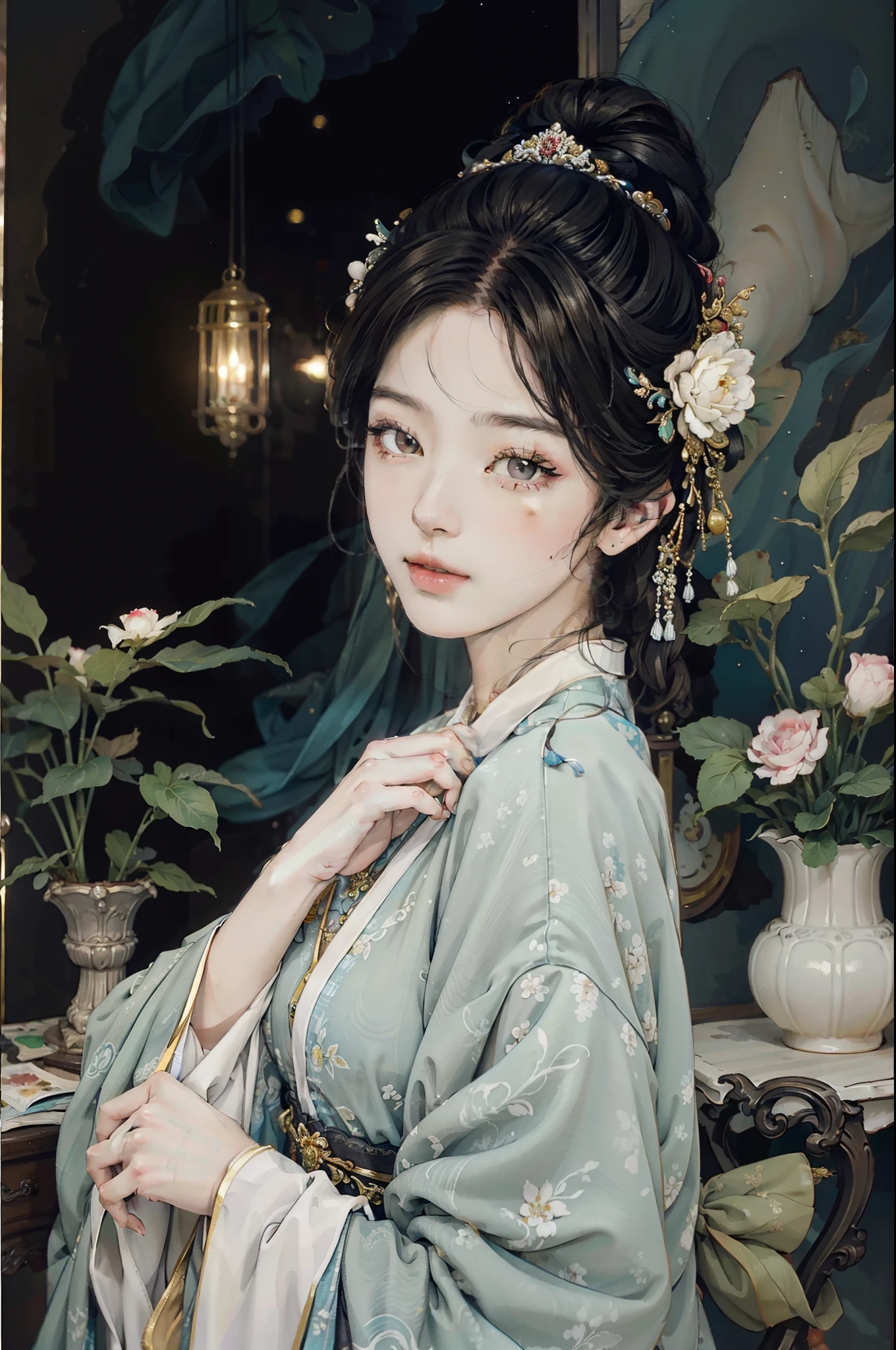 （tmasterpiece，Best quality at best，Beautiful quality，Photorealsitic，looking at viewert，Detailed lighting，Extremely detailed skin，Extremely detailed hair，Extremely detailed teeth，shadowing，8K：1.2），（photograph of a woman，1girll：1.2），one-girl，18yr old，Tsing Yi，elegant，ink and watercolor painting，Meticulous，