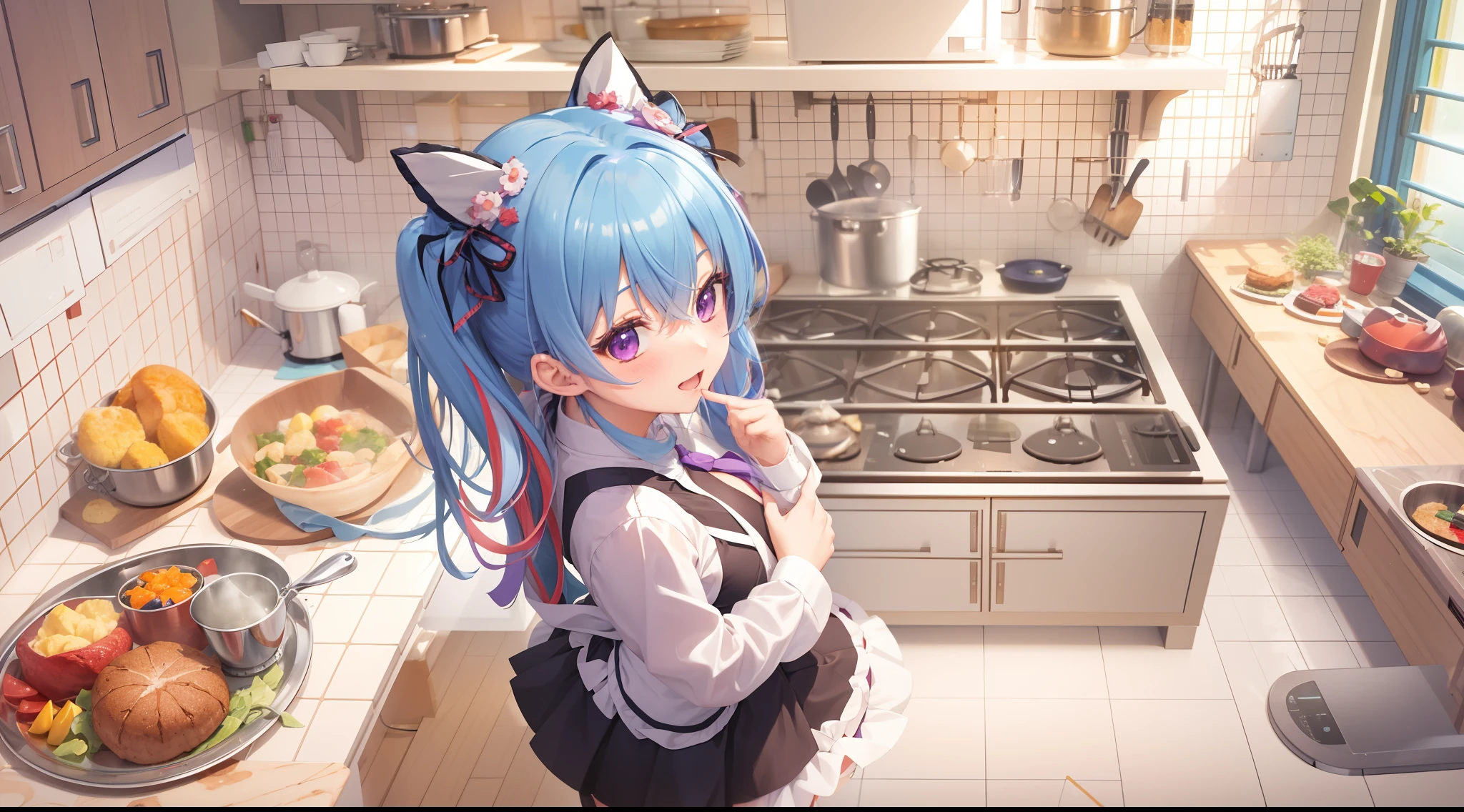 (kitchen:1.3),break,Anime, Absurd, Masterpiece, Super Detailed, Best Quality, Professional Lighting, Hyper Detail, Sharp Detail, (Light Transmission), Detailed background description,break,1 woman, very beautiful, detailed facial description, big beautiful purple eyes, 20years old, break,(cooking), Blushes, surprised:1.3, bashful:1.2, deep blue hair red multicolored hair, twintails, thick-soled boots, break,(miniskirt Maid), zettai ryouiki,large breasts,