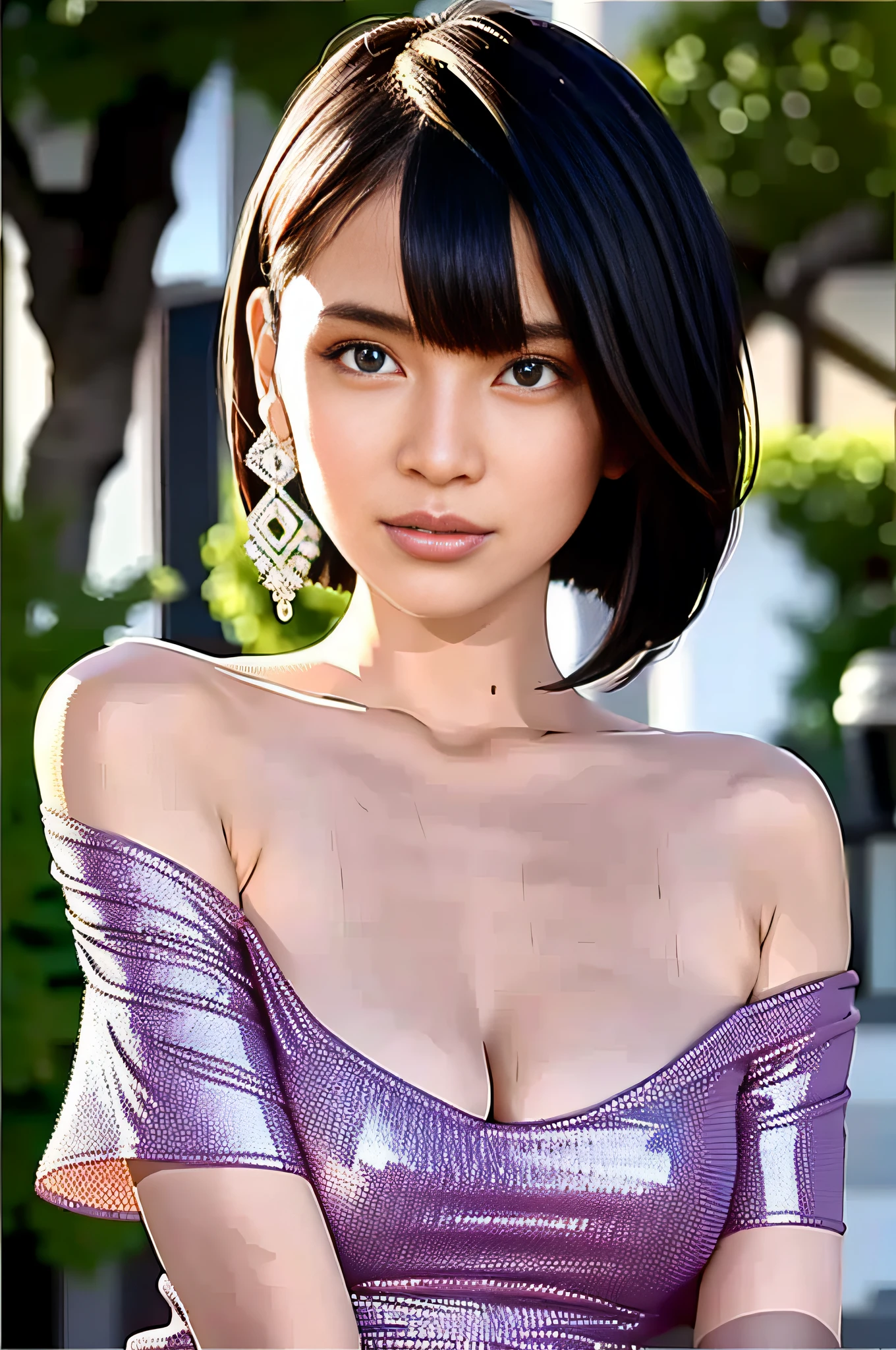 Best quality，tmasterpiece，Kizi，Black hair，黑The eye，Duan，and the sun was shining brightly，shiny skins，sunflare，an award winning photograph, Wide angle eco-friendly photo of the beach, Healthy body, closeup cleavage, with dynamism, Photorealistic, Realistic, Dramatic, Dark, Sharp focus, 8K，1girll，20yr old，fully body photo（（top-quality，8K，tmasterpiece：1.3）），Sharp focus：1.2，Beautiful Women in Perfect Figure：1.4，The abdomen is slender：1.2，short detailed hair，（（Layered Hair Style，：1.2）），Large breasts 1.3，Light purple dress，（distance：1.2），Moist body：1.1，Very delicate face and skin texture，Detailed eyes，二重まぶた， suntanned skin，Raised sexy，marron marron，Real skin，Real eyebrows，Blue eyeballs，perfect proportion of body，facing away from the audience，Twist back，Exercise posture，looking at viewert，Gaze towards the viewer