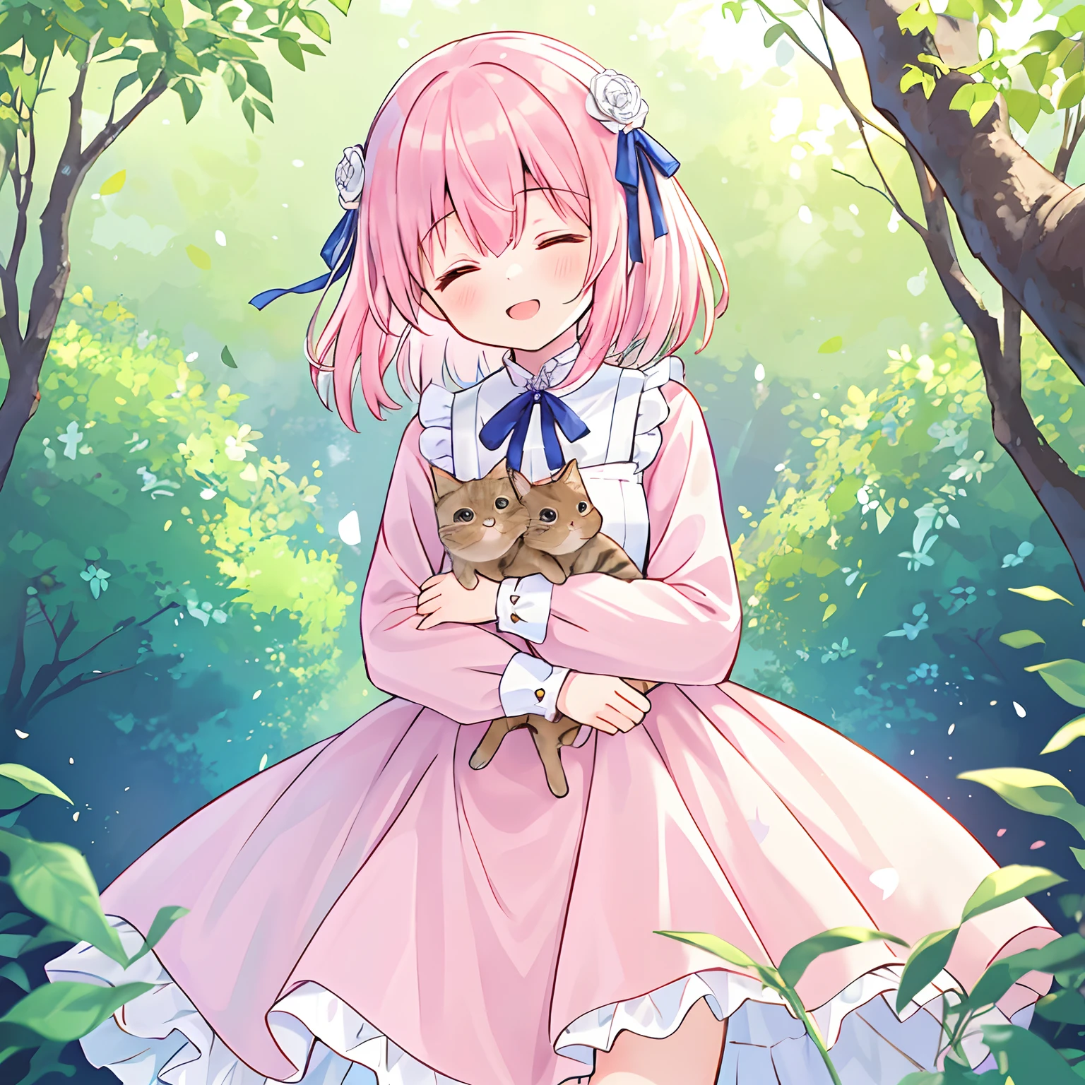 1 girl, solo, best quality, ultra detailed, minor, (happy:1.4), closed eyes,
pink hair, medium hair, looking away,
from front, from below, portrait, hugging the brown kitten, \(kitten has its mouth closed\),
white dress, blue ribbon, long sleeves, standing,
in the forest, flower garden, warm sunlight filtering through trees