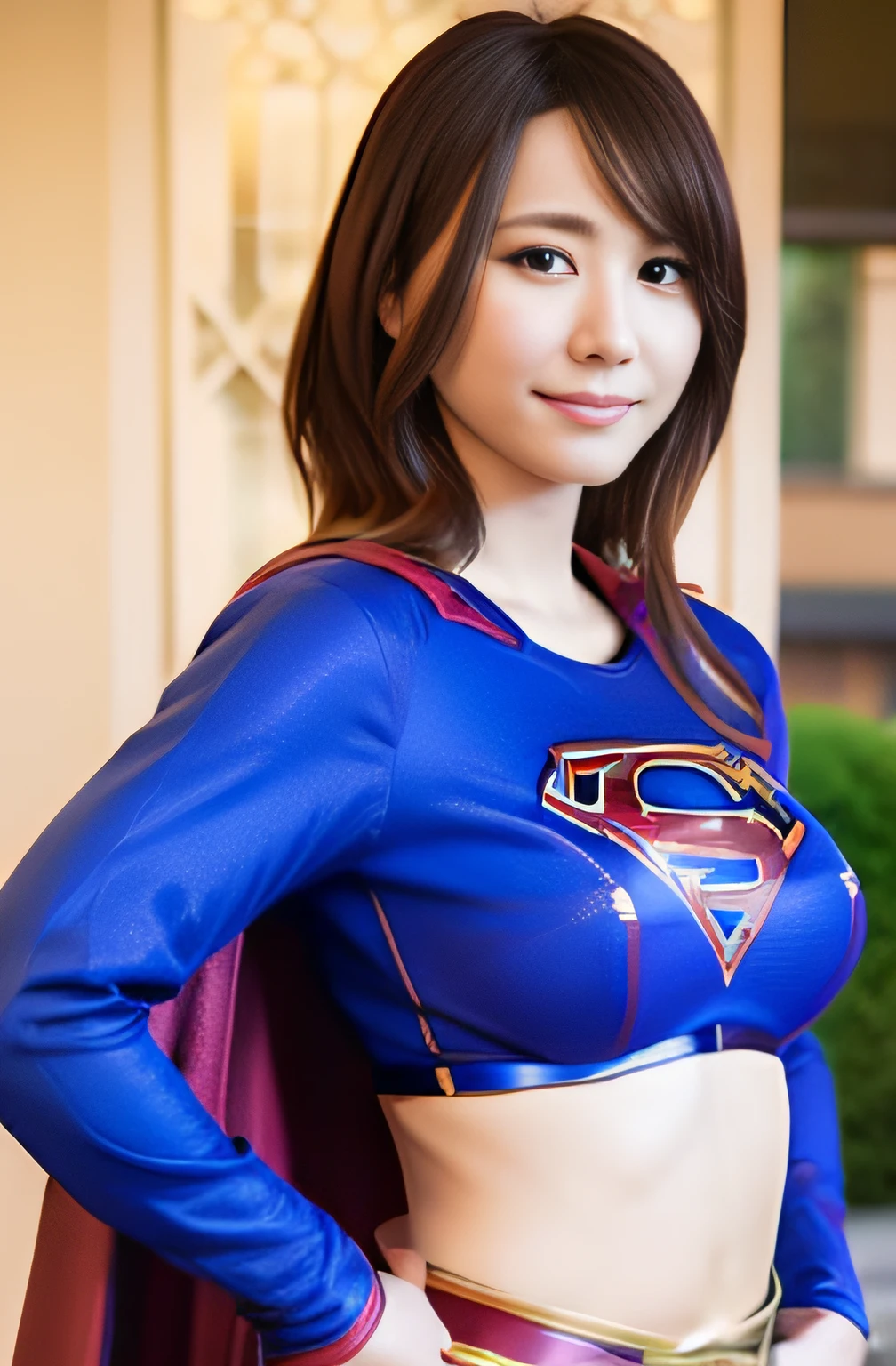 masterpiece、Supergirl Cosplay、Ultra mini skirt、Navel out、Hands on the hips、large full breasts、Colossal tits、Looking at the camera、hotpants