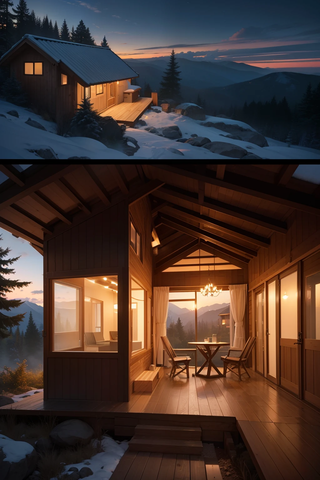 an architectural drawing of a 400 sq ft tiny house in a forest, 2 sloped roof, big wrapped around porch with table and chairs, on the background are Alpian mountains and valleys, very dark sky, 4k, dramatic light, high details, place cabin in the center, do not repeat pictures