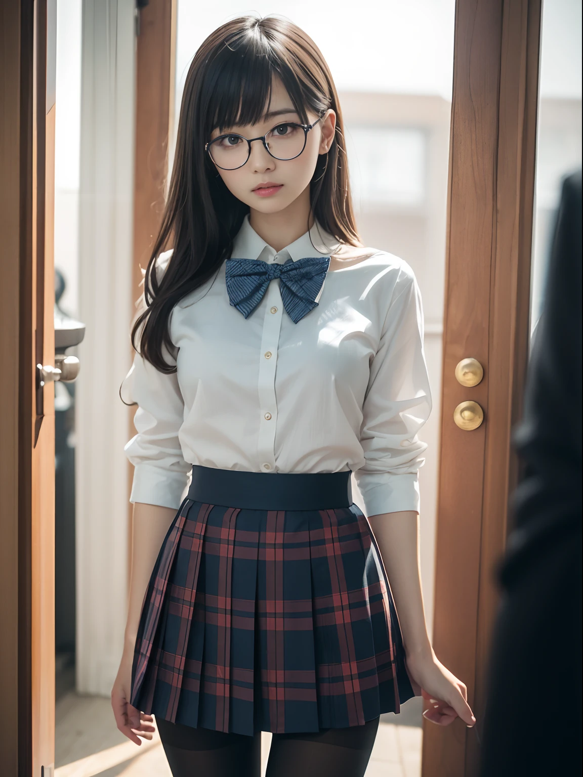 （8K、Raw photography、top-quality、​masterpiece：1.2),(((Twin-tailed))),glamor,Chromo-white skin,cocky,School,watching at viewers,Looking at the front,Muchimuchi,Erotic,Pupils,(Light blue bra seen through the shirt),de pele branca,kne,((Black pantyhose)),absurderes,a small face,small tits,flat breast,Parting the bangs from the middle、Forehead visible,(a cold expression,Tight eyes,glares,Bullish,skinny,Rasping,irate)、​masterpiece,top-quality、超A high resolution,Raw photo,ren,Beautiful fece,One Person, 独奏,eye glass,,Dark look,Small breasts,fullllbody,Round glasses,JK school uniform,hi-school girl,A Japanese Lady,is standing,（Photorealsitic：1.37）、Photon mapping,Realistic、Beautie,Cute little face,Brown-eyed、Black socks、(Red bow tie)、Radio City、Physically Based Rendering、depth of fields、Blurry background、a picture,Body,beauty legs, Long legs, Thin leg,(Bangs are visible), hair, s lips, Blue_The eye, nosesoft,(Light blue shirt), (Navy and blue and white plaid pleated skirt), Knees are visible,Sheer clothing,, Thigh, Black cotton socks,Nogizaka Idol, 女優, Japanese ido