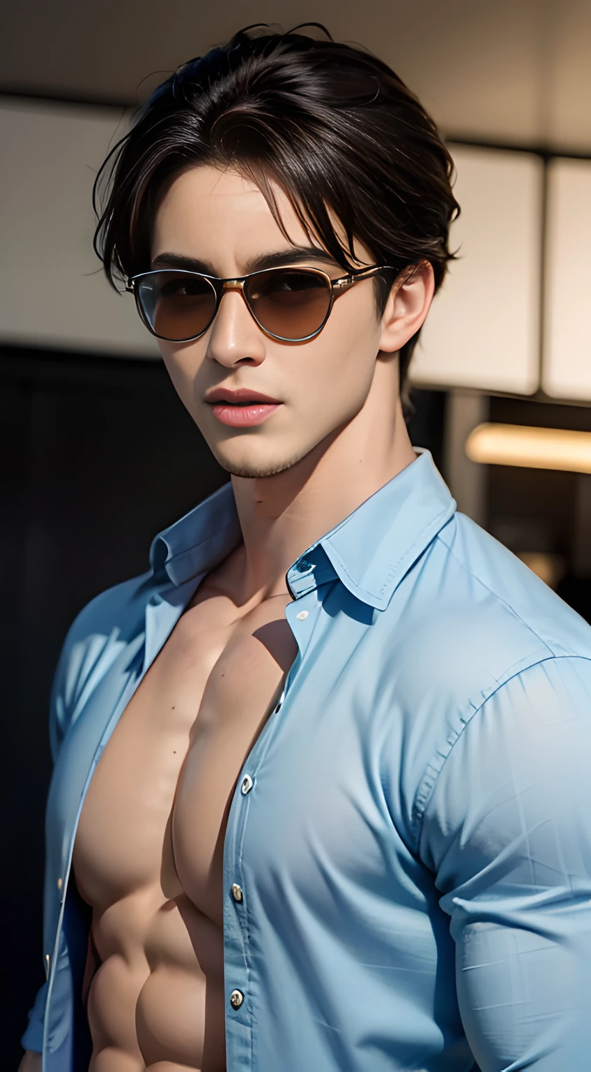 ((Men only)), (head shot), (only face), (Tanned handsome muscular man in his 20s), (wearing blue sunglasses), (wearing pink dress shirt), (Pietro Boselli), (showing his abs), (Mischievous smile), (detaile: 1 in 1), Natural muscles, HIG quality, beautidful eyes, (Detailed face and eyes), (Face、: 1 / 2), Noise, Real Photographics、... .................................................................................................................PSD, Sharp Focus, High resolution 8K, realisitic & Professional Photography, 8K UHD, Soft lighting, High quality, Film grain, FujifilmXT3