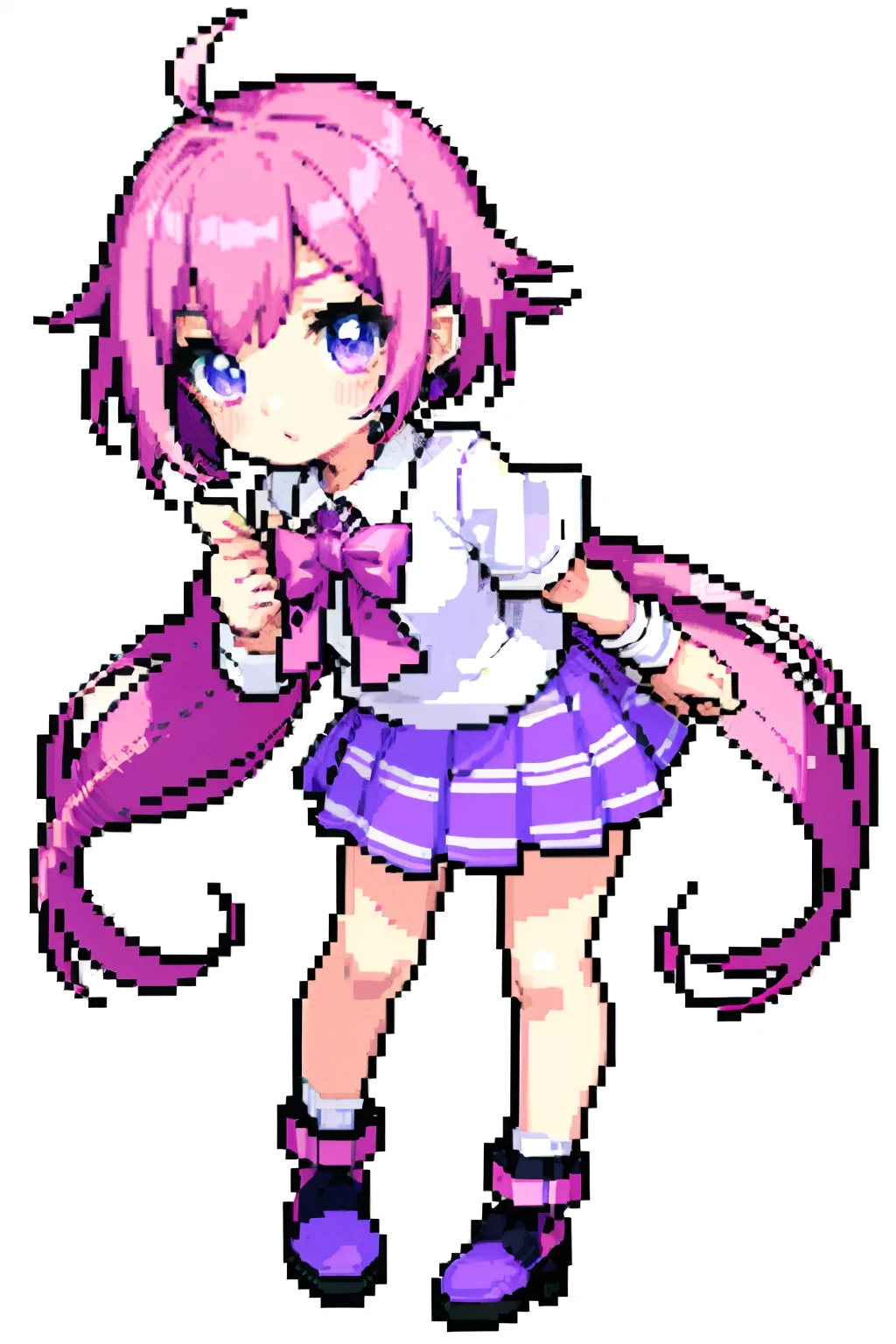 (tmasterpiece,top Quority,best qualtiy),pix,pixelart,1girll,full bodyesbian,Pink and purple striped shirt,Pink hair,Lilac socks,Purple booties,Purple skirt。