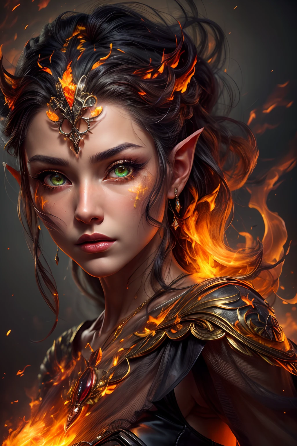 This (realistic fantasy) art contains embers, real flames, real heat, and realistic fire. Generate a masterpiece artwork of a petite female fire druid with large (((orange and gold))) eyes. The fire druid is awe-inspiring with beautiful ((realistic fiery eyes)) alight with confidence and power. Her features are elegant and well defined, with ((soft)) and (((puffy))) and (((smooth))) lips, elven bone structure, and realistic shading. Her eyes are important and should be the focal point of this artwork, with ((extremely realistic details, macro details, and shimmer.)) She is wearing a billowing and glittering gown ((made of realistic flames)) and jewels that glimmer in the fire light. Wisps of fire and smoke line the intricate bodice of the dress. Include bumps, stones, fiery iridescence, glowing embers, silk and satin and leather, an interesting background, and heavy fantasy elements. Camera: Utilize dynamic composition techniques to enhance the realistic flames.