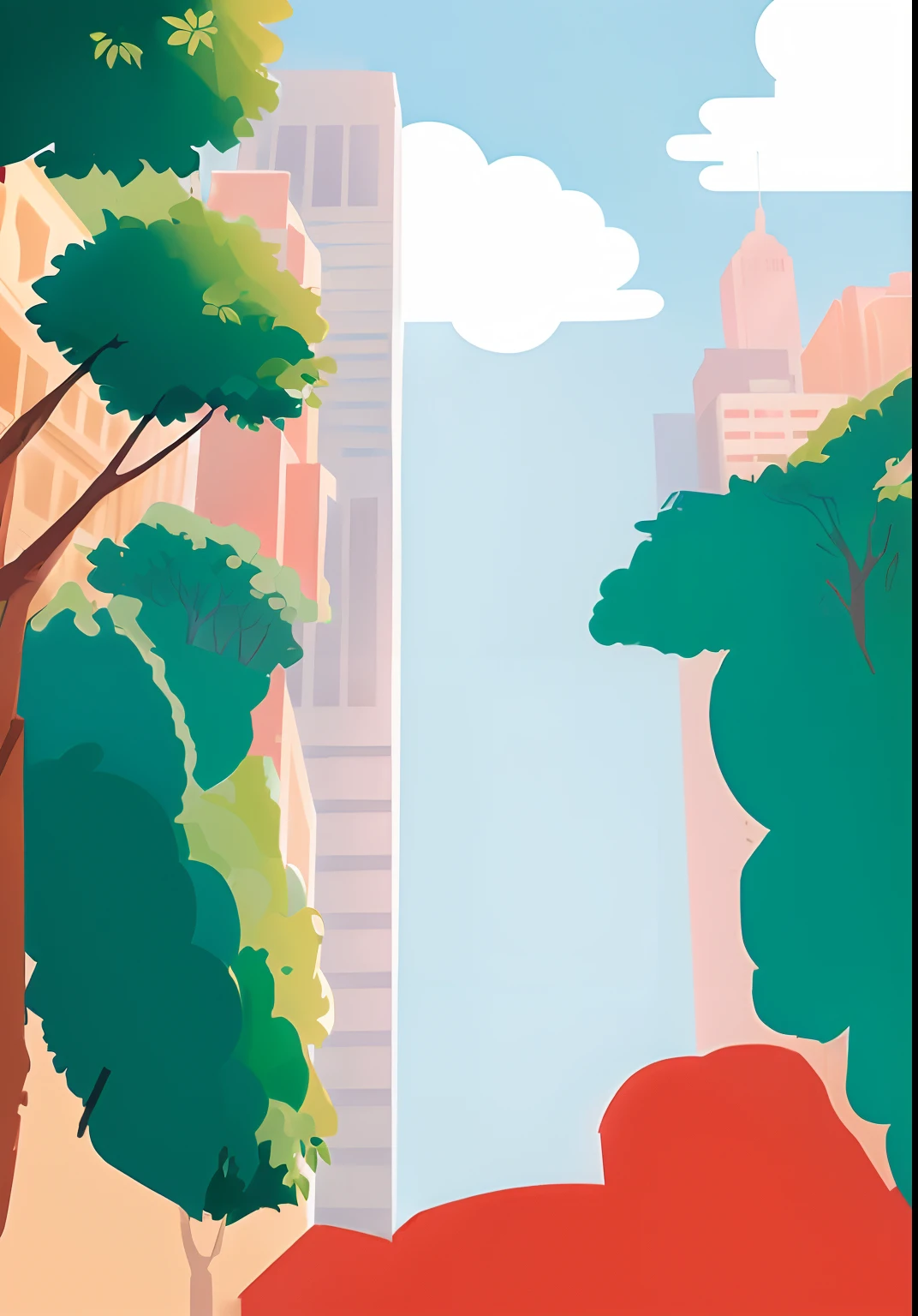 There's a red car driving down a street in a city, Paisagem urbana tropical ao ar livre, Paisagem urbana do dia, skyscrapers with vegetation, forest scenery with skyscrapers, in illustration style digital, Fundo do City Street View, stylized digital illustration, landscape illustration, detailed 2d illustration, city buildings on top of trees, 2d matte illustration, poster illustration
