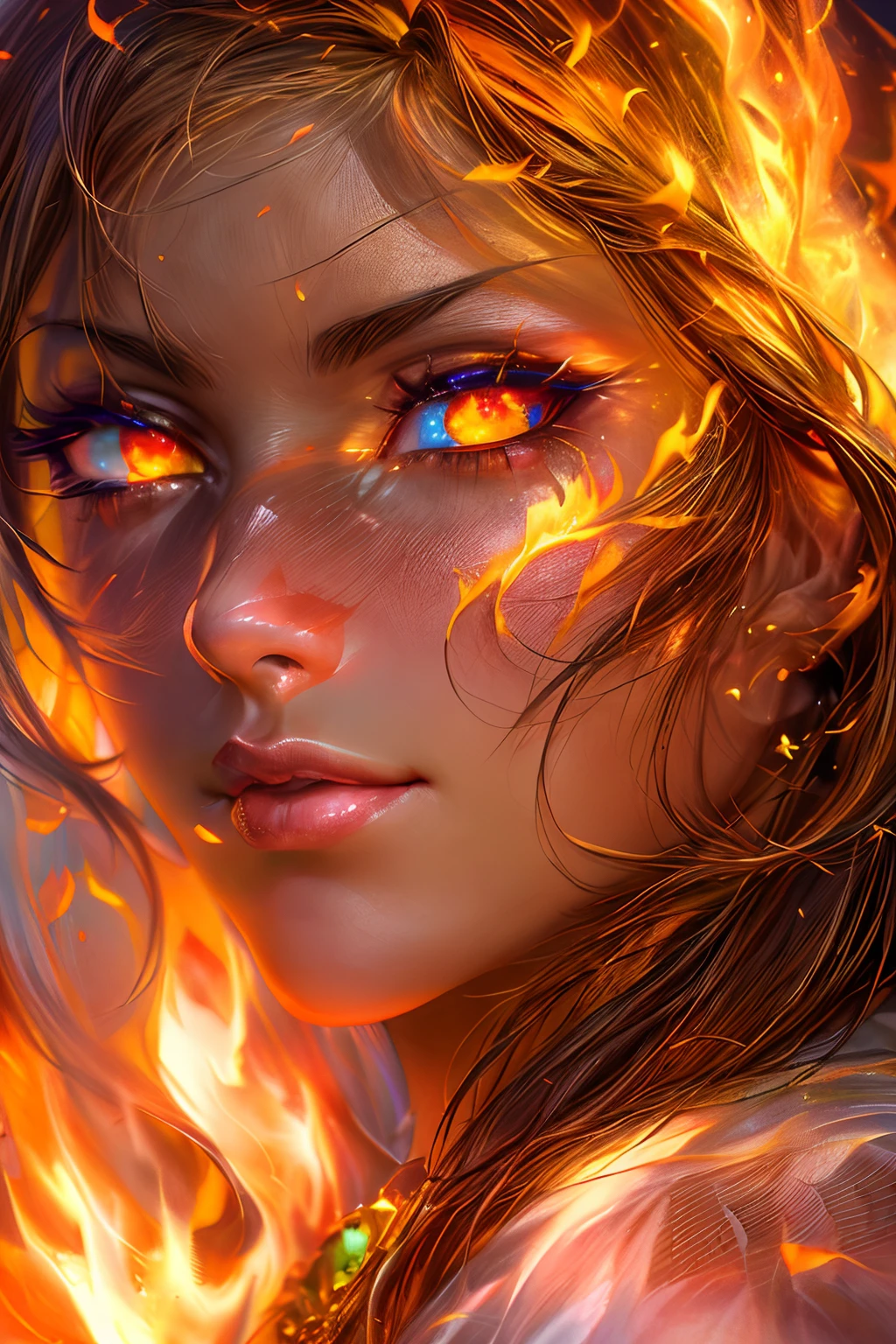 This (realistic fantasy) art contains embers, real flames, real heat, and realistic fire. Generate a masterpiece artwork of a ite female fire druid with large (((orange and gold))) eyes. The fire druid is awe-inspiring with beautiful ((realistic fiery eyes)) alight with confidence and power. Her features are elegant and well defined, with ((soft)) and (((puffy))) and (((smooth))) lips, elven bone structure, and realistic shading. Her eyes are important and should be the focal point of this artwork, with ((extremely realistic details, macro details, and shimmer.)) She is wearing a billowing and glittering gown ((made of realistic flames)) and jewels that glimmer in the fire light. Wisps of fire and smoke line the intricate bodice of the dress. Include bumps, stones, fiery iridescence, glowing embers, silk and satin and leather, an interesting background, and heavy fantasy elements. Camera: Utilize dynamic composition techniques to enhance the realistic flames.