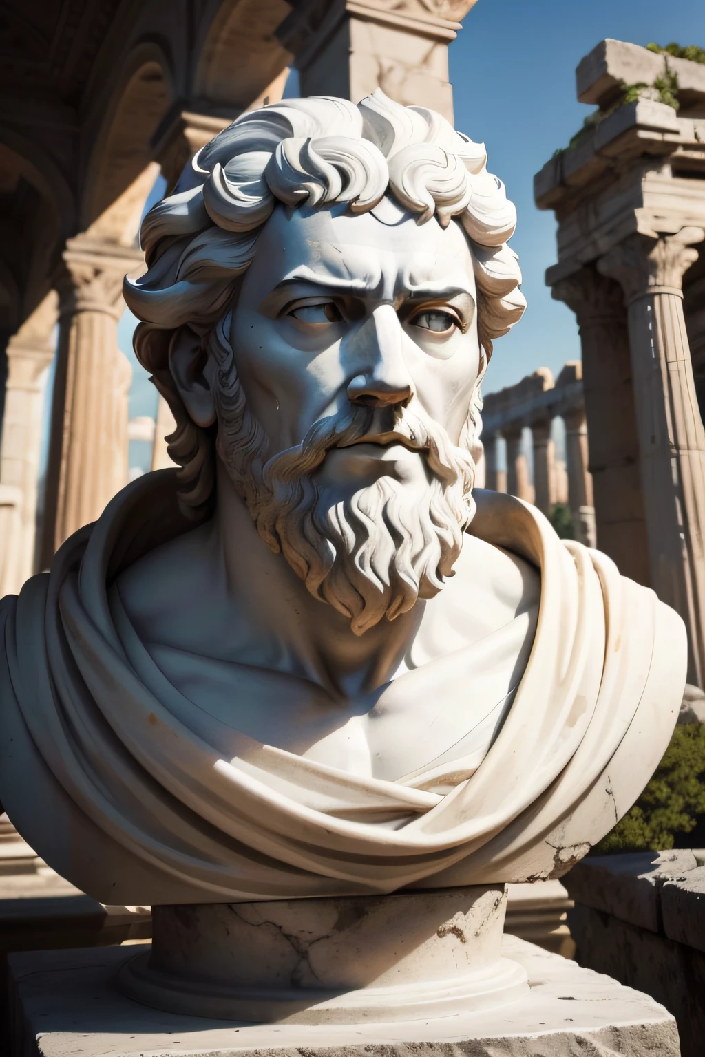 "Marble sculpture portrait of the Stoic emperor and philosopher Marcus Aurelius, in front of the ruins of an ancient Roman forum. Marcus Aurelius has wise features and a neatly trimmed beard, vestindo uma toga romana. The sculpture is illuminated dramatically by rays of light, creating a stark contrast to the shadows of the ruins in the background. The image conveys the resilience of Marcus Aurelius' Stoic teachings, that remain relevant centuries later. The scene has epic cinematography, in monochrome tones, como uma fotografia em preto e branco."