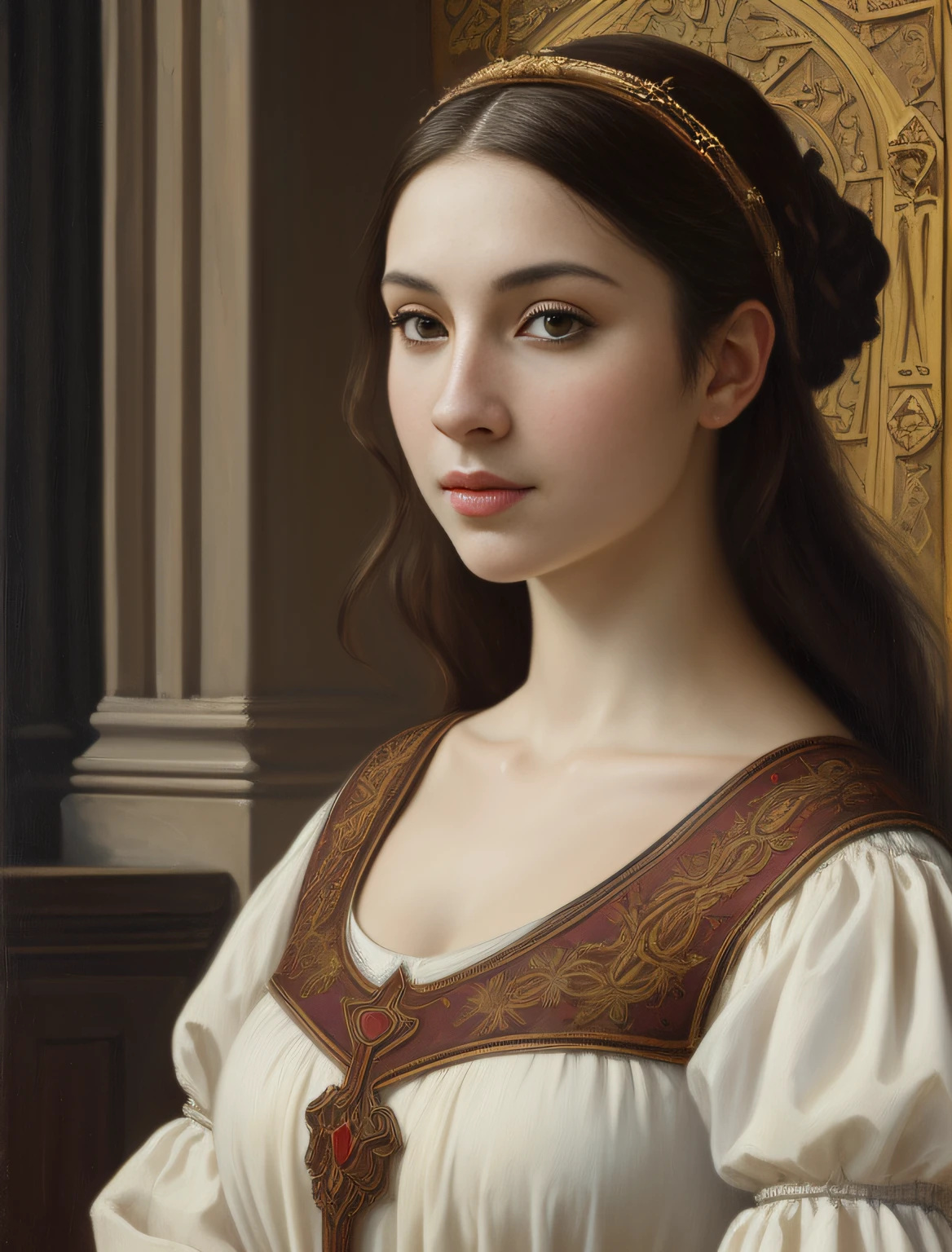 (Oil painting depicting beautiful woman with white skin), (medieval times), (classicism), Andrey Atoroshenko style, Painterly, Traditional Media, Figurative, fine arts, oil on canevas, nffsw, 8K, Original Characters, hight resolution, high detailing, Focus on Face, ((masutepiece))