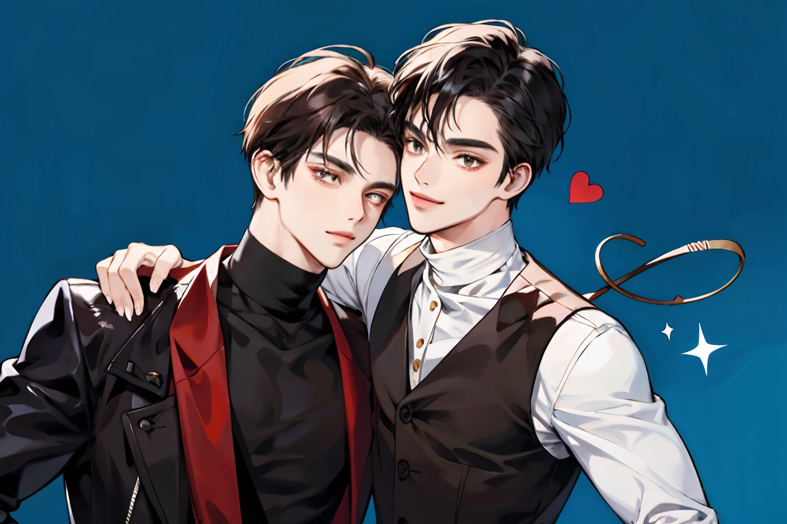 masterpiece, best quality, 2others, couple, 1 man with 1 man, couple, modern, master, hugging, black hair brown eyes, turtleneck, cool, different color, simple background, half person, smile, happy, love, cute, work room, sizes, black vest or gile shirt