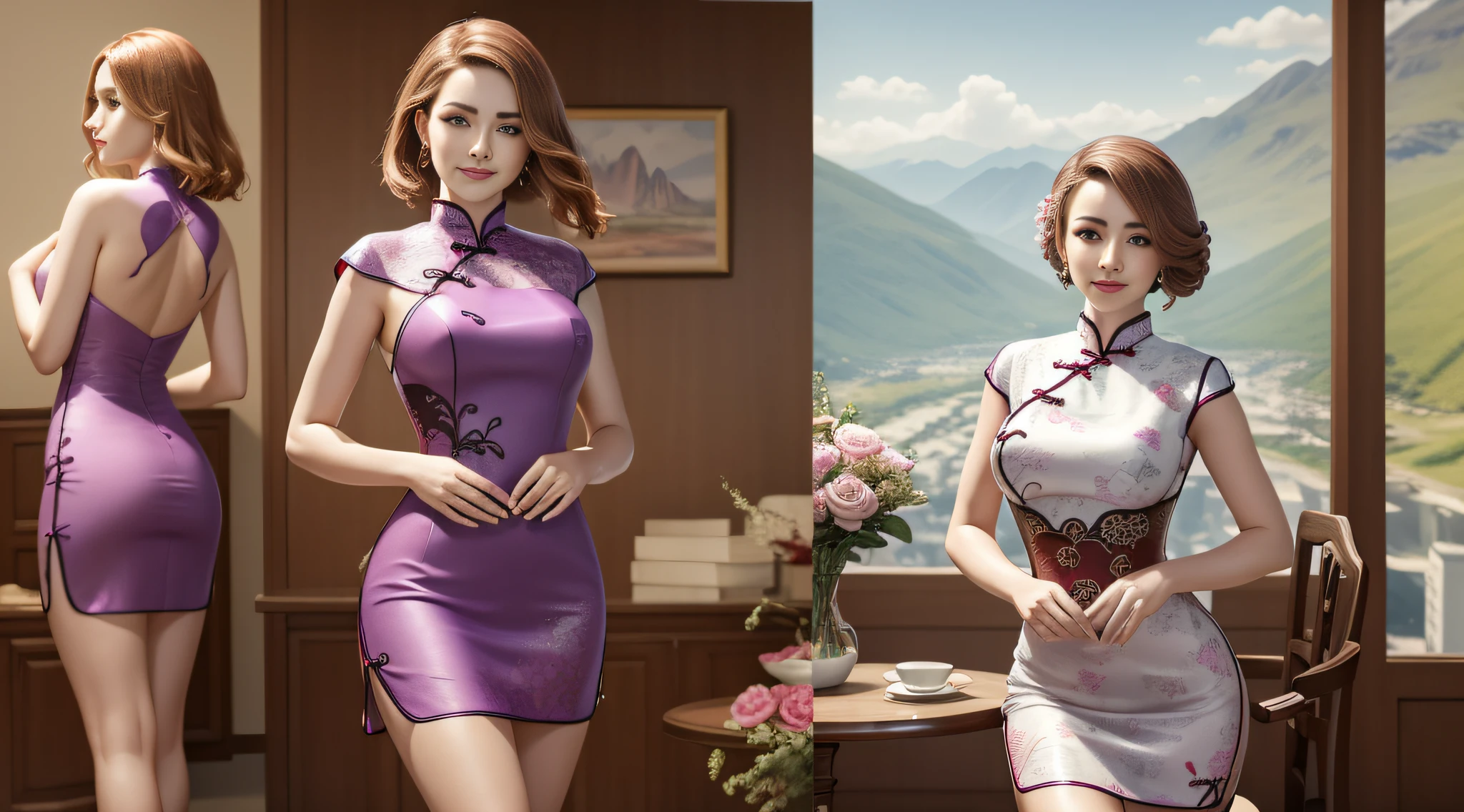 uma mulher, Usando (vestido de porcelana roxo (Cheongsam/Qipao):1.35 design por (A Companhia Hairoine):1.3), coberto , cara bonita, corpo inteiro, sorrir, boca fechada, ornamento de cabelo, com um colar, jewelries , cabelos longos, Brincos, fotorrealista, alta qualidade, fotografia, high resolution, 8k, (extremamente detalhado), intrincado, 8k, foco nítido. em uma paisagem, water, (extremamente detalhado CG unidade 8k papel de parede), A obra de arte mais bonita do mundo, professional majestic oil painting, intrincado, High detail, foco nítido, dramatic and photorealistic painting art.