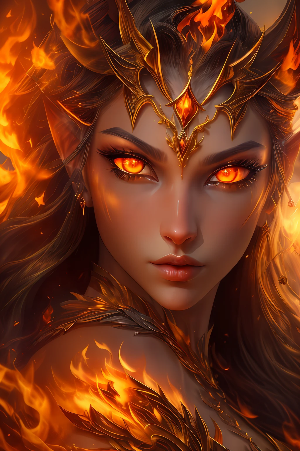 This (realistic fantasy) art contains embers, real flames, real heat, and realistic fire. Generate a masterpiece artwork of a ite female fire druid with large (((orange and gold))) eyes. The fire druid is awe-inspiring with beautiful ((realistic fiery eyes)) alight with confidence and power. Her features are elegant and well defined, with ((soft)) and (((puffy))) and (((smooth))) lips, elven bone structure, and realistic shading. Her eyes are important and should be the focal point of this artwork, with ((extremely realistic details, macro details, and shimmer.)) She is wearing a billowing and glittering gown ((made of realistic flames)) and jewels that glimmer in the fire light. Wisps of fire and smoke line the intricate bodice of the dress. Include bumps, stones, fiery iridescence, glowing embers, silk and satin and leather, an interesting background, and heavy fantasy elements. Camera: Utilize dynamic composition techniques to enhance the realistic flames.