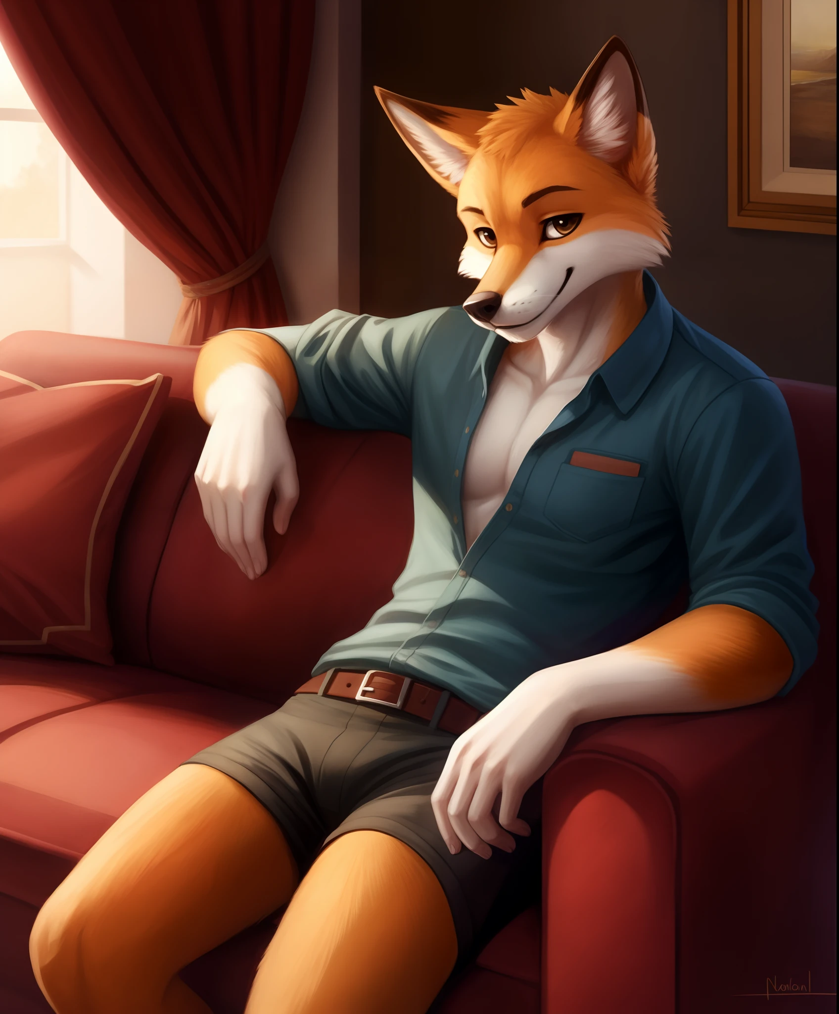 male anthro fox, three-quarter portrait, reclining, clothed
BREAK
(masterpiece, best quality:0.0), detailed background, on sofa,