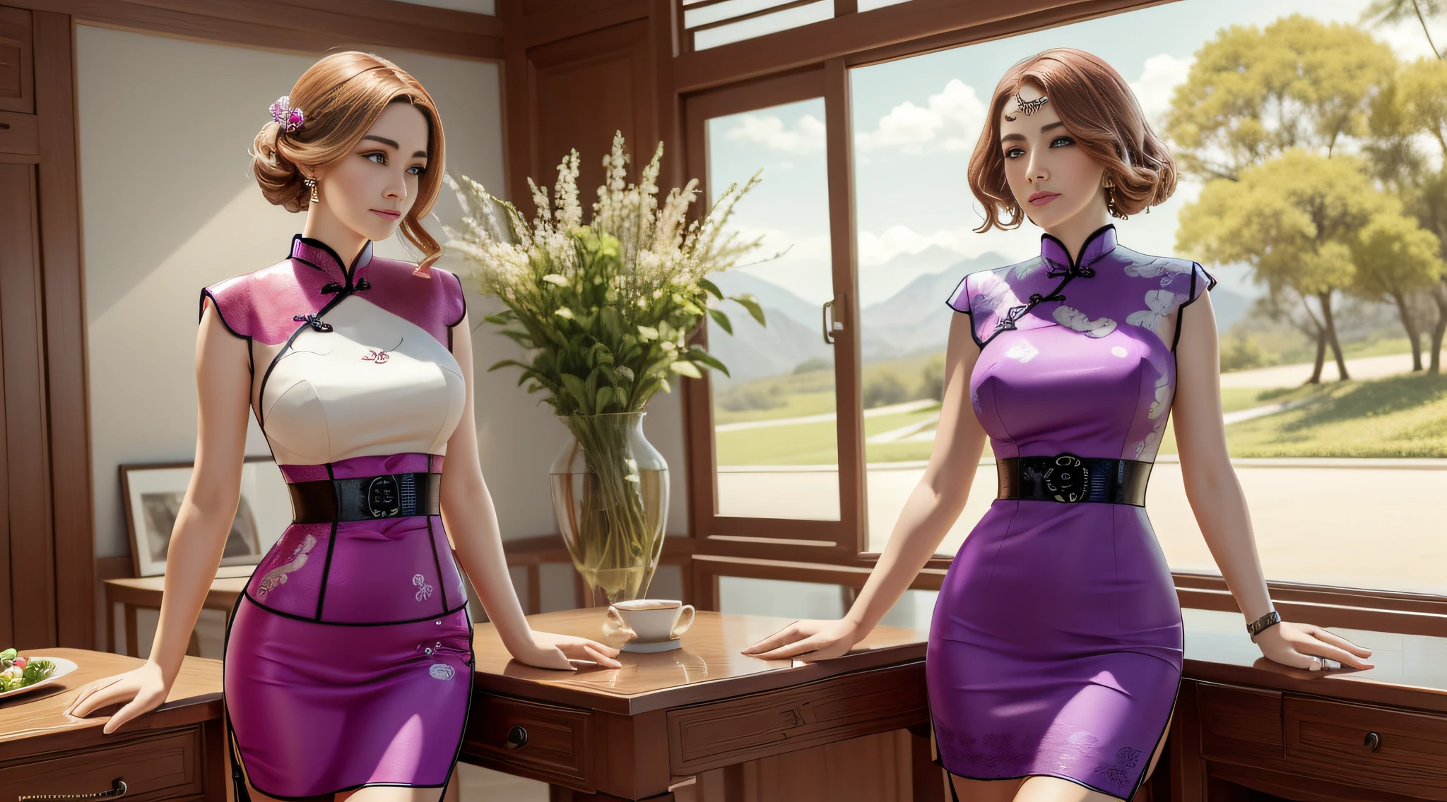 uma mulher, Usando (vestido de porcelana roxo (Cheongsam/Qipao):1.35 design por (A Companhia Hairoine):1.3), coberto , cara bonita, corpo inteiro, sorrir, boca fechada, ornamento de cabelo, com um colar, jewelries , cabelos longos, Brincos, fotorrealista, alta qualidade, fotografia, high resolution, 8k, (extremamente detalhado), intrincado, 8k, foco nítido. em uma paisagem, water, (extremamente detalhado CG unidade 8k papel de parede), A obra de arte mais bonita do mundo, professional majestic oil painting, intrincado, High detail, foco nítido, dramatic and photorealistic painting art.