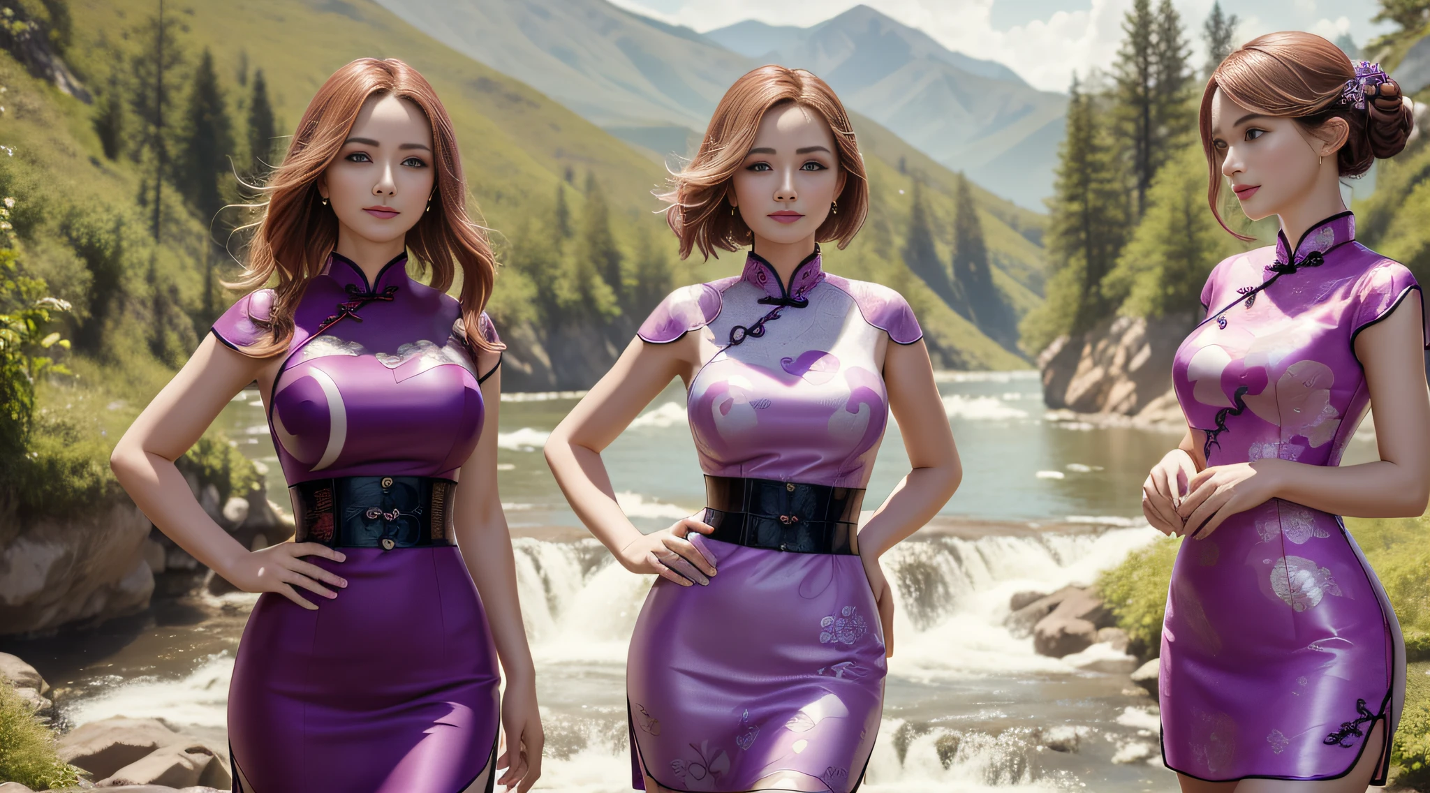 uma mulher, Usando (vestido de porcelana roxo (Cheongsam/Qipao):1.35 design por (A Companhia Hairoine):1.3), coberto , cara bonita, corpo inteiro, sorrir, boca fechada, ornamento de cabelo, com um colar, jewelries , cabelos longos, Brincos, fotorrealista, alta qualidade, fotografia, high resolution, 8k, (extremamente detalhado), intrincado, 8k, foco nítido. em uma paisagem, water, (extremamente detalhado CG unidade 8k papel de parede), A obra de arte mais bonita do mundo, professional majestic oil painting, intrincado, High detail, foco nítido, dramatic and photorealistic painting art.