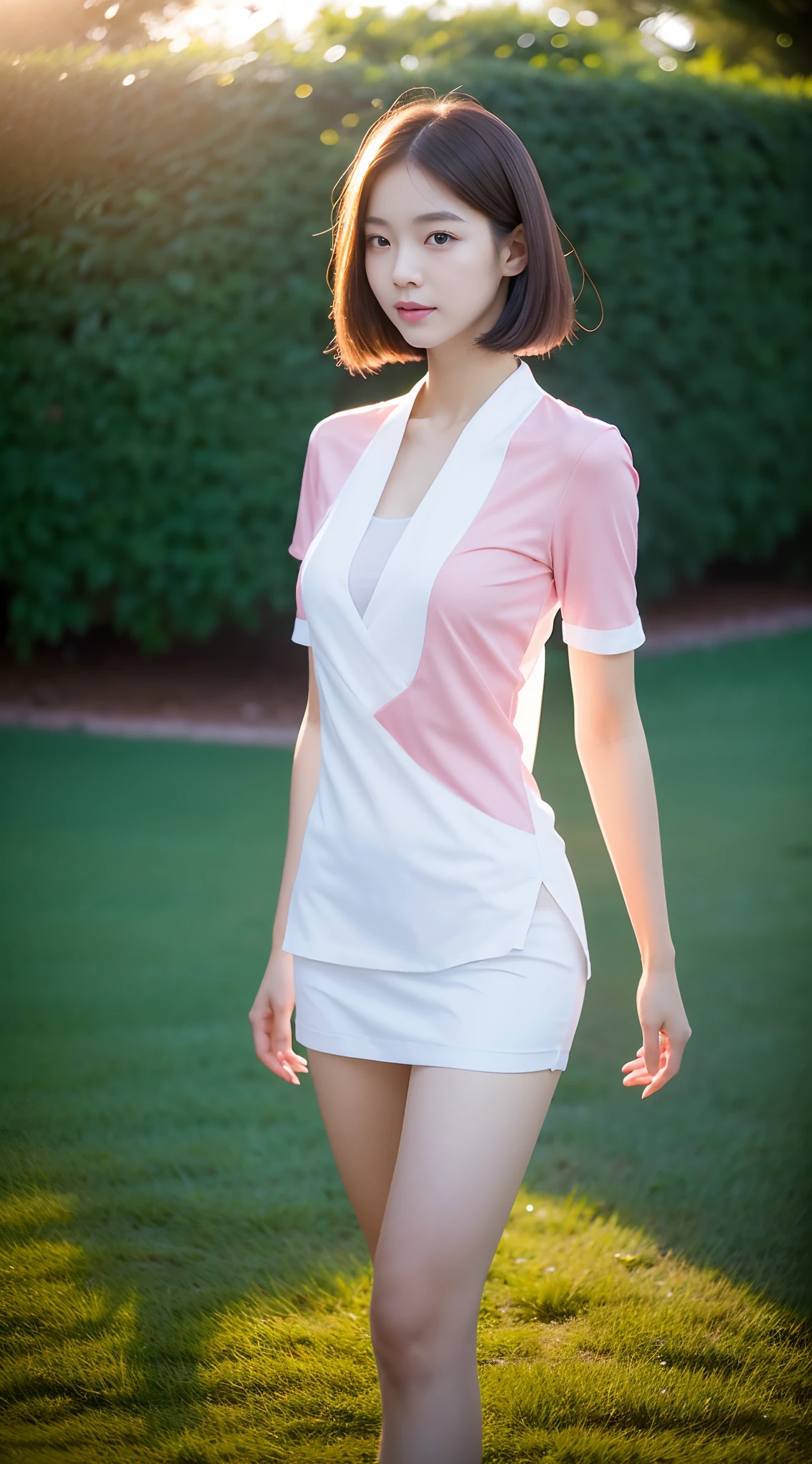 1 beautiful woman taking pictures on the grass of the villa,RAW photos,tmasterpiece,(highdetailskin:1.2),8k ultra high definition,digital SLR camera,gentlesoftlighting,high high quality,filmgrain,富士XT3,20 years old Asian woman,Wear simple clothes,(White long nurse uniform:1.2 and long skinny jeans:0.7,Detailed clothing details:1.3),perfect body figure,Perfect breasts and nipple bulge,The legs are straight and slender,Branded stylish shoes:0.6,Super detailed facial details and skin,Fair pink face and skin,The skin is pink,with light glowing,二重まぶた,Super detailed eyes,wearing face mask:1.5, (Gloss on lips, eyeslashes, Glossy face, Best quality, Super high resolution, warm color,Wide lighting, naturalshadow),taken from behind, Show off your beautiful body, Full body shooting: 1.8