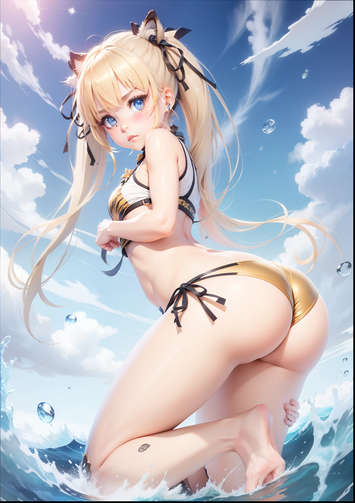Double ponytail in gold,Black ribbon,Little tiger tooth,Lake blue pupils
