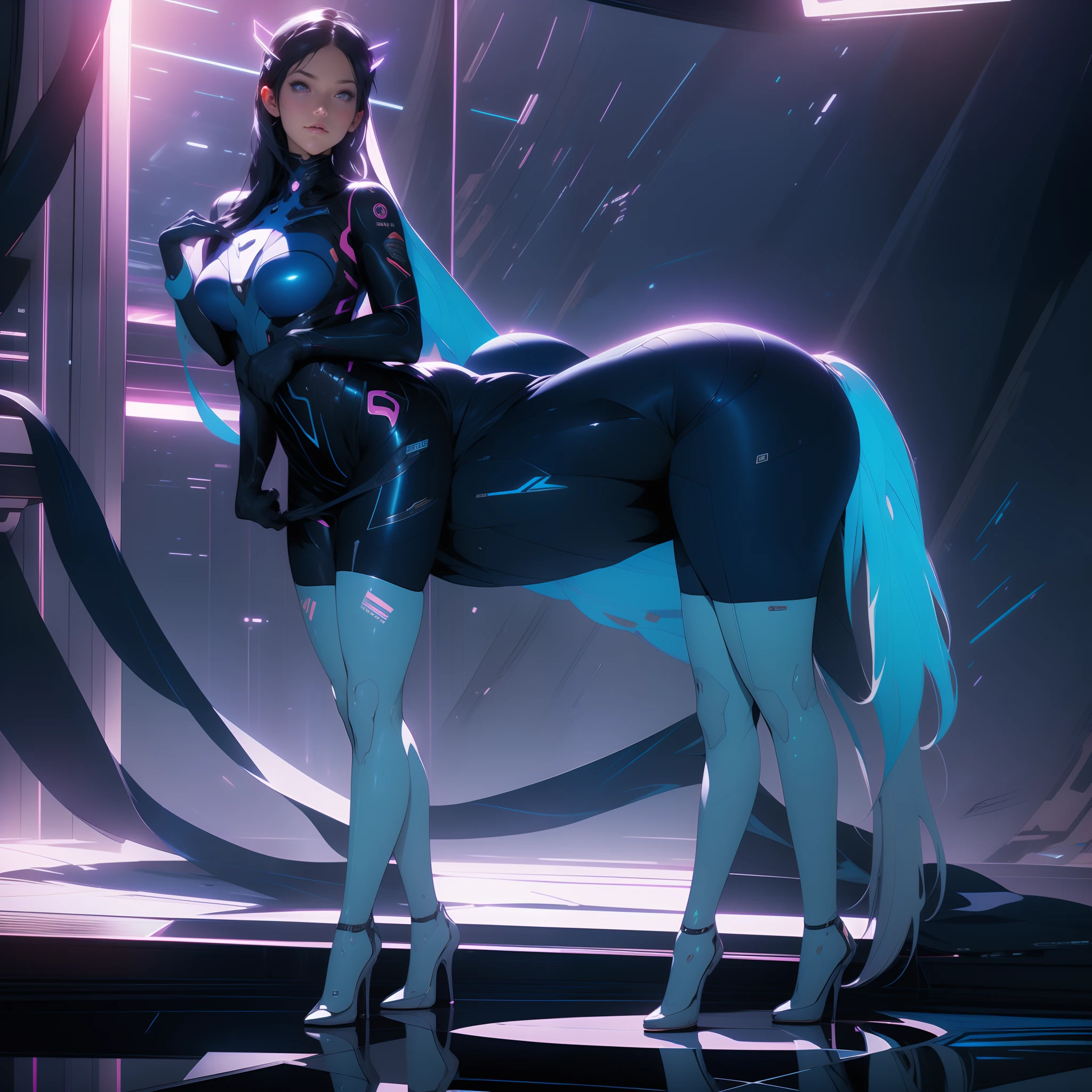 ((Best quality)), ((Masterpiece)), (Detailed: 1.4), (Absurd), Female fighter pilots preparing for war, Dark skin, Costumes with spectacular abstract designs, Color explosion, cosmic tattoo, nebulous, sculptural body defined muscle, Whole body, half thick thighs, Closed mouth, body covered by technological clothing, Neon Genesis Evangelion style, Cyberpunk, generous neckline, ((perfect medium breasts)), (Ultra-light blue eyes), ((All-navy blue outfit)), (((Short straight black hair)))), long eyelashes and black heavy makeup, Garter made of barbed wire, By Mucha, niji --V5, near the real, psychopath, Crazy face, Sexy pose, fractals background, 2 piece clothing, Pastel, Centered, scale to fit the dimensions, hdr (HighDynamicRange),Ray tracing,NVIDIA RTX,Hyper-Resolution,Unreal 5, Subsurface dispersion, PBR Texture, Post-processing, Anisotropic filtering, Depth of field, Maximum clarity and sharpness, Many-Layer Textures, Albedo and specular maps, Surface Coloring, Accurate simulation of light-material interaction, Perfect proportions, rendering by octane, Two-tone lighting, Wide aperture, Low ISO, White balance, Rule of thirds, 8K raw data, crysisnanosuit