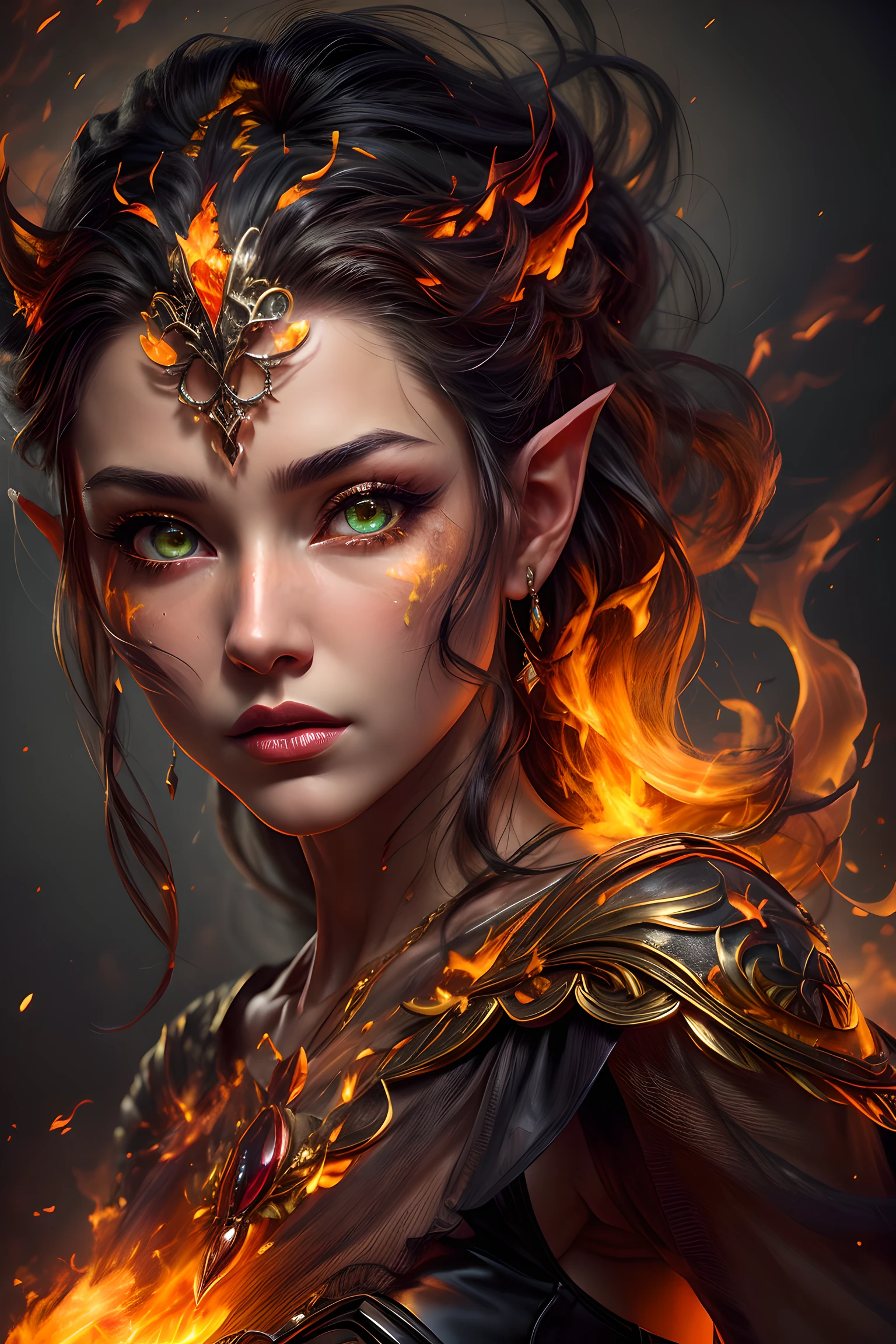 This (realistic fantasy) art contains embers, real flames, real heat, and realistic fire. Generate a masterpiece artwork of a ite female fire druid with large (((orange and gold))) eyes. The fire druid is awe-inspiring with beautiful ((realistic fiery eyes)) alight with confidence and power. Her features are elegant and well defined, with ((soft)) and (((puffy))) and (((smooth))) lips, elven bone structure, and realistic shading. Her eyes are important and should be the focal point of this artwork, with ((extremely realistic details, macro details, and shimmer.)) She is wearing a billowing and glittering gown ((made of realistic flames)) and jewels that glimmer in the fire light. Wisps of fire and smoke line the intricate bodice of the dress. Include bumps, stones, fiery iridescence, glowing embers, silk and satin and leather, an interesting background, and heavy fantasy elements. Camera: Utilize dynamic composition techniques to enhance the realistic flames.