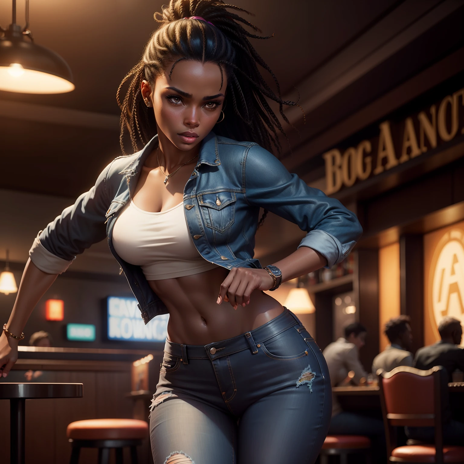 Black beautiful woman in jeans and jacket dancing in a bar, artgerm style, cinematic lighting, ultra high quality resolution, photorealistic image, 12k, unreal engine rendered