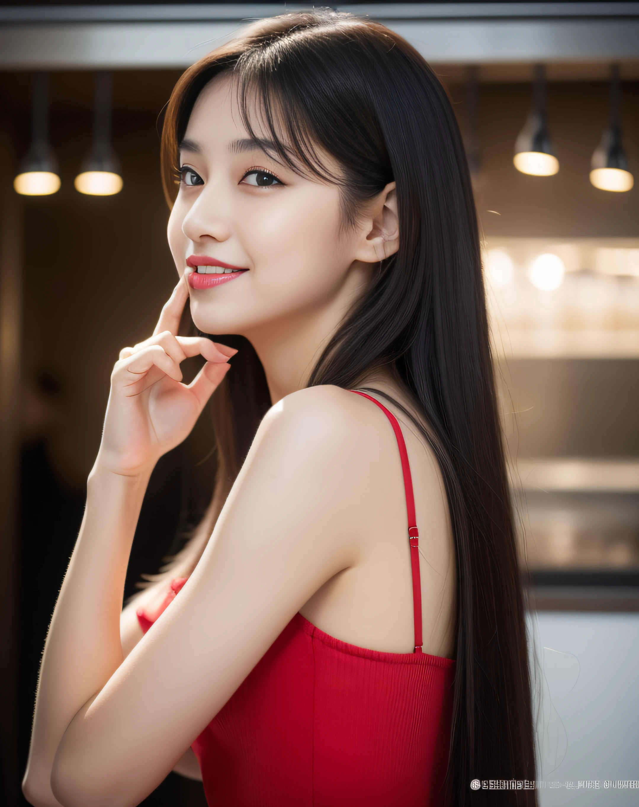 ((best quality, 8K, masterpiece: 1.3)), beautiful girl, pure, melon face, kind and cute, sweet smile, pure desire, slender body, (front), (tilted head), ((looking at camera)), (((kissing gesture))), red dress, medium black silky straight hair, long flowing shoulders, round black big eyes, clear big eyes, moist red lips, cafe shop background, (((whole body shot))),