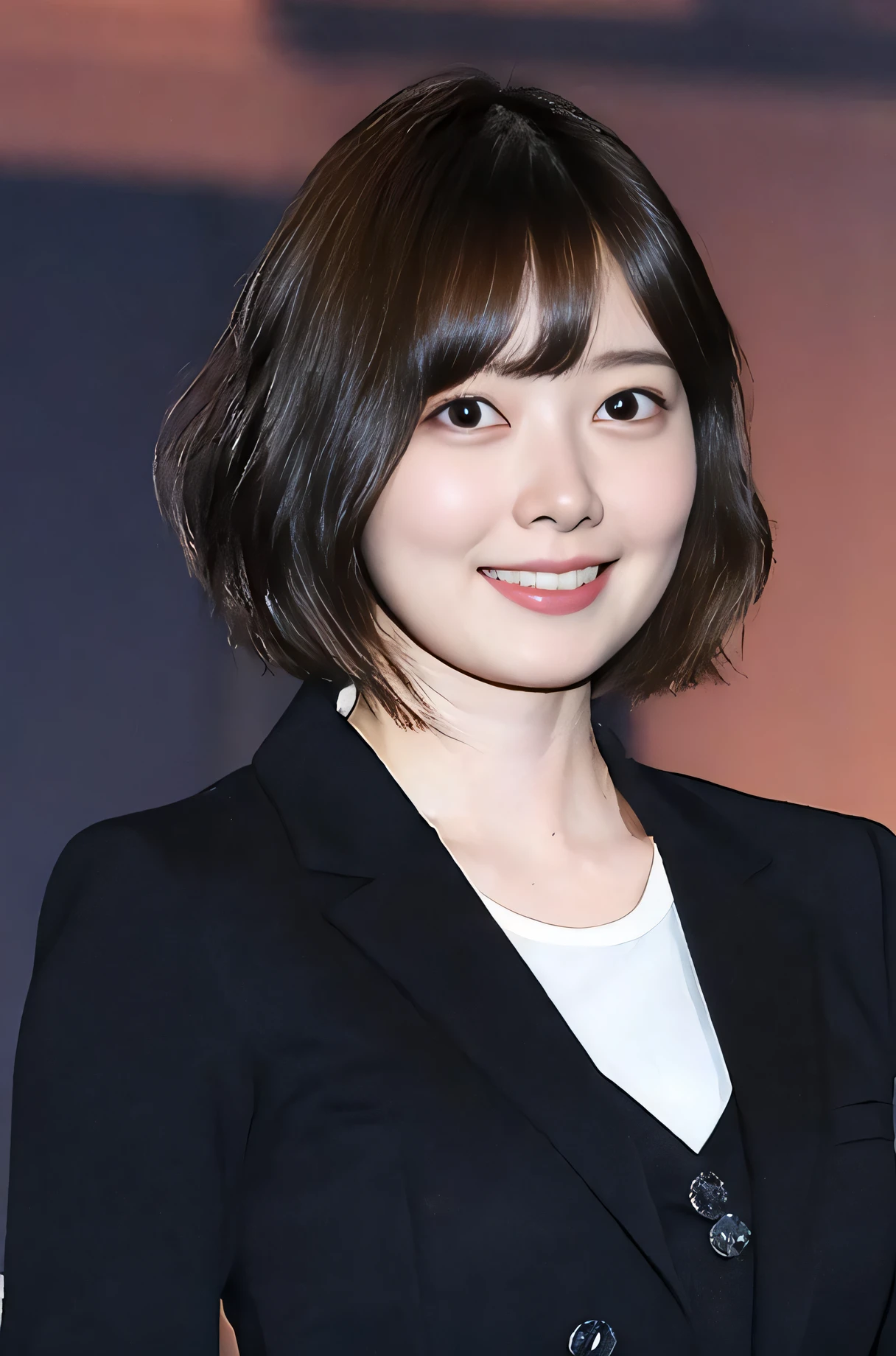 best quality, 1girl, solo, ((perfect female figure)), mature female, ((sfw)), Mai Shiraishi, black suit jacket, (upper body), short hair, photo realistic