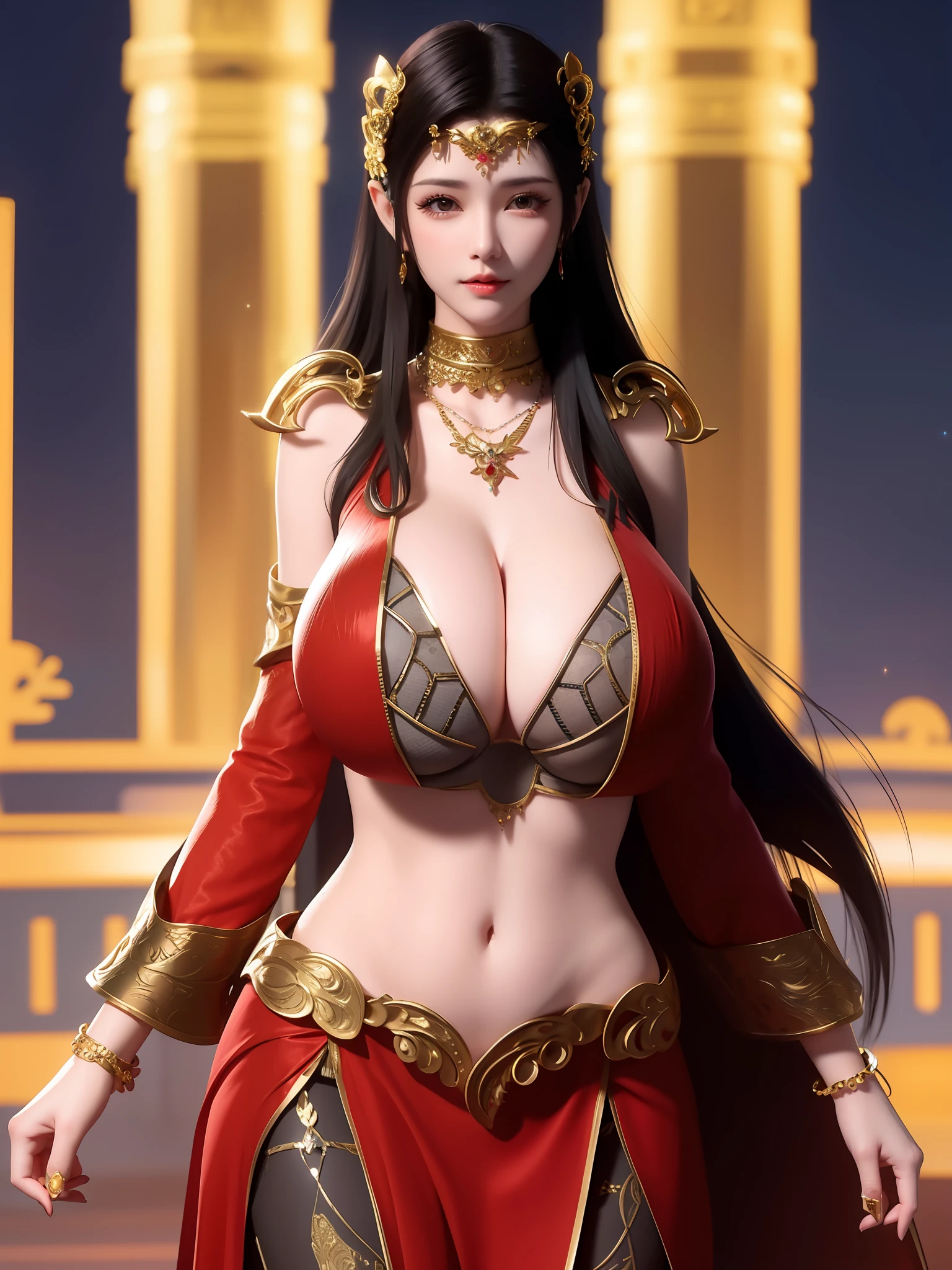 1girl,jewelry,long hair, hair ornament, necklace, cutout,navel, (huge breasts:1.5), cleavage, (muscle abs:.13), dress, forehead jewel, pants, full body, mature female, cityscape, night, looking at viewer,