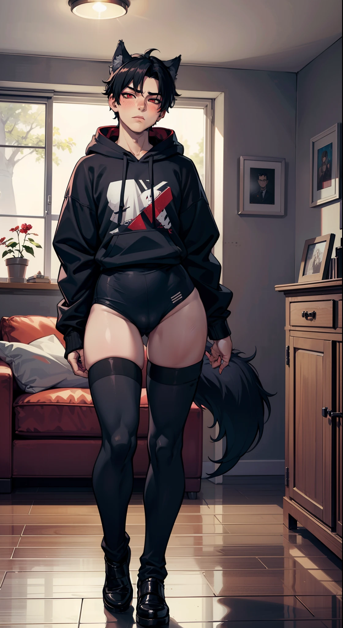 ((((((1boy)))))), fluffy black hair, wolf ears, wolf tail, slim figure, ((pale skin)), RED eyes, dead expression, living room setting, seductive smug, baggy black hoodie, lean figure, big thighs, slim waist, big butt, bulge, thigh highs, blush